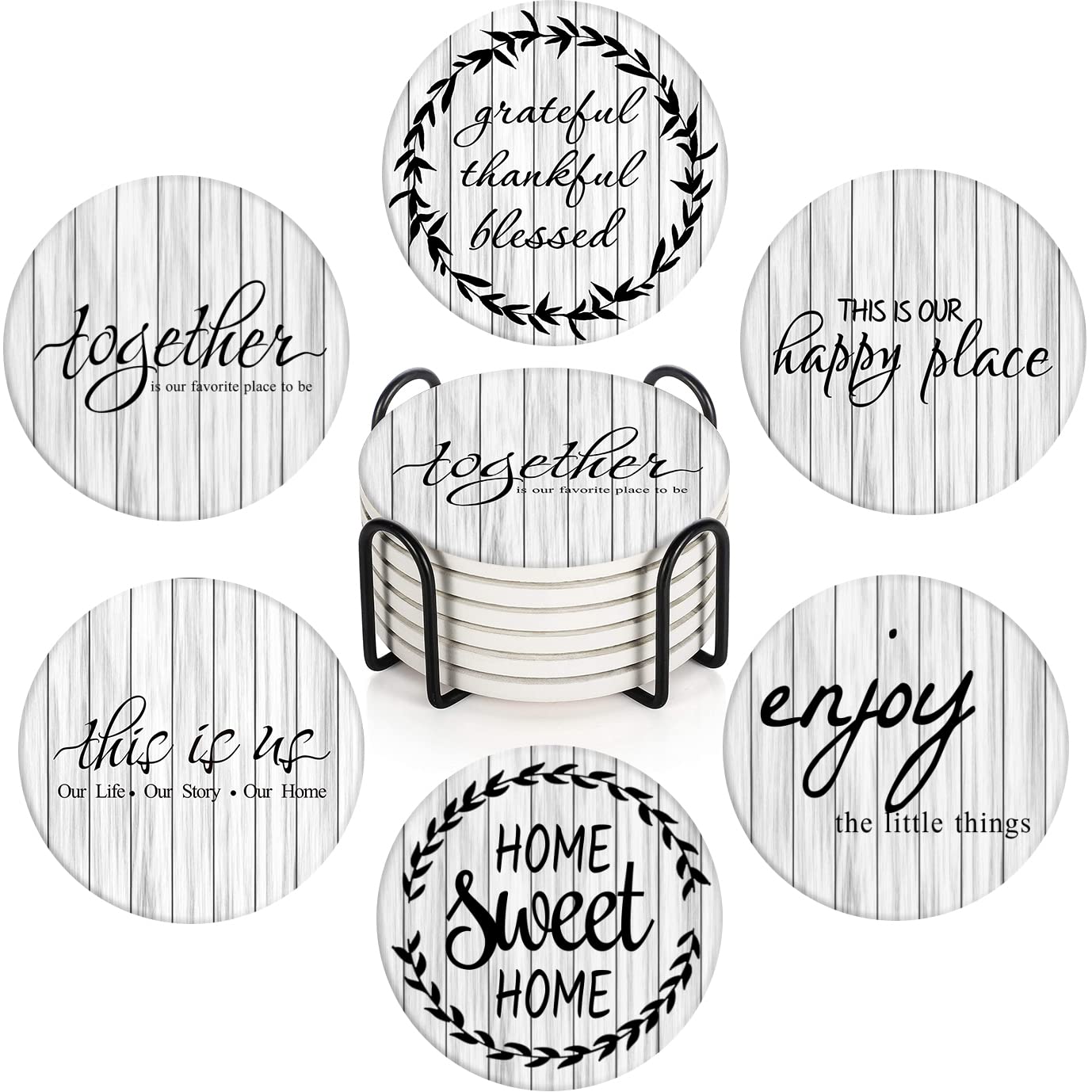 Britimes Coaster for Drinks Set of 6, White Old Wood Wooden Board Table Absorbent Round Ceramic Stone Mat, with Cork Base and Metal Holder, Gift for