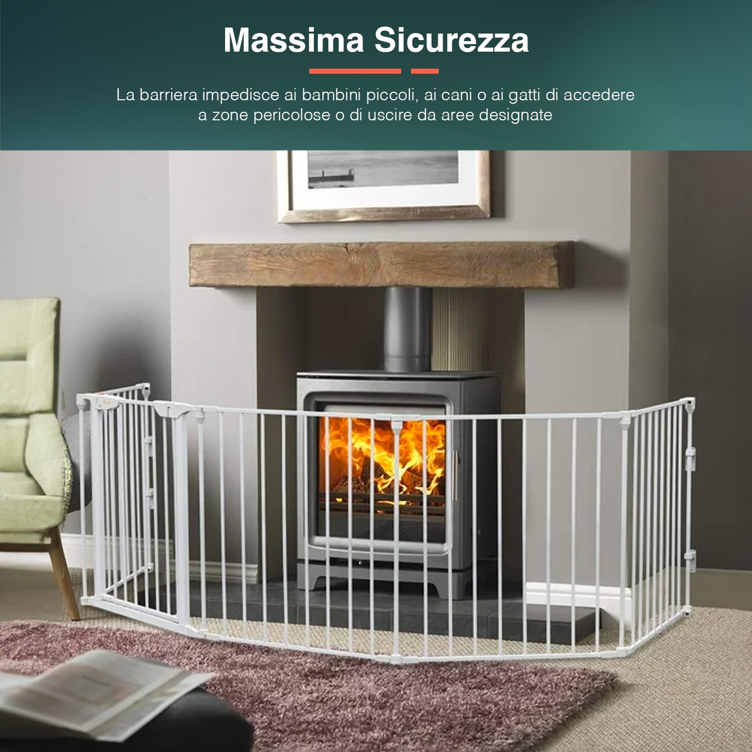 Barrera de Seguridad para niños, Perros y Gatos con Puerta – Caja de Seguridad Ideal para protección doméstica y Separador de ambientes, de Metal Barnizado Blanco, 120 x 74 cm