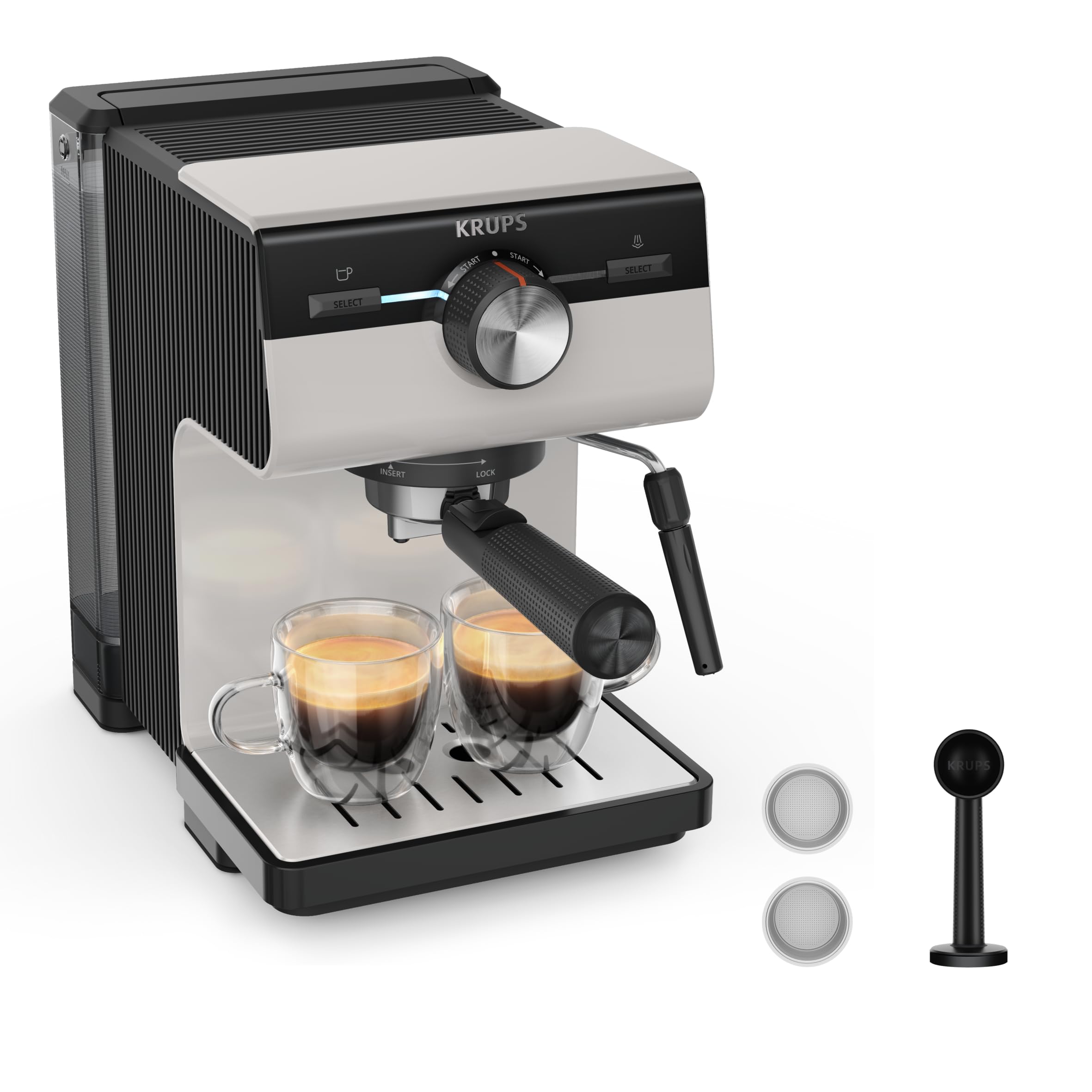 KRUPS XP381B10 Authentic ekspres do kawy, 15 bar, intuicyjna obsługa, system Thermoblock, zintegrowana dysza parowa, łatwe opróżnianie kolby, zbiornik na wodę 2 l, w zestawie filtry, szary/kremowy