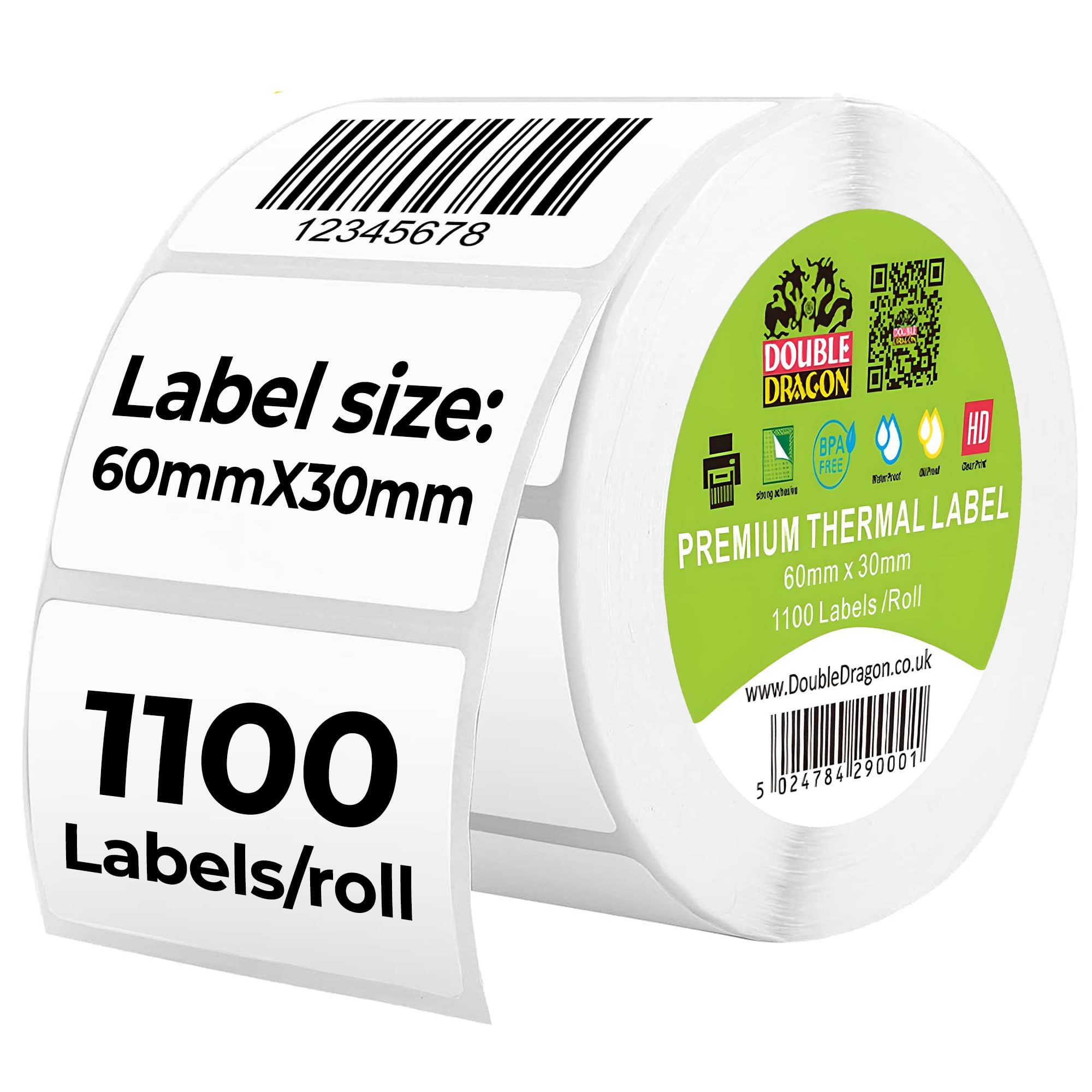 Double Dragon, 1,100 Etiquetas Térmicas Directas, 60mm x 30mm | Adhesivas Blancas Premium con Recubrimiento | Resistente a los Arañazos | Compatible con Impresoras Zebra, MUNBYN, Rollo, Toshiba
