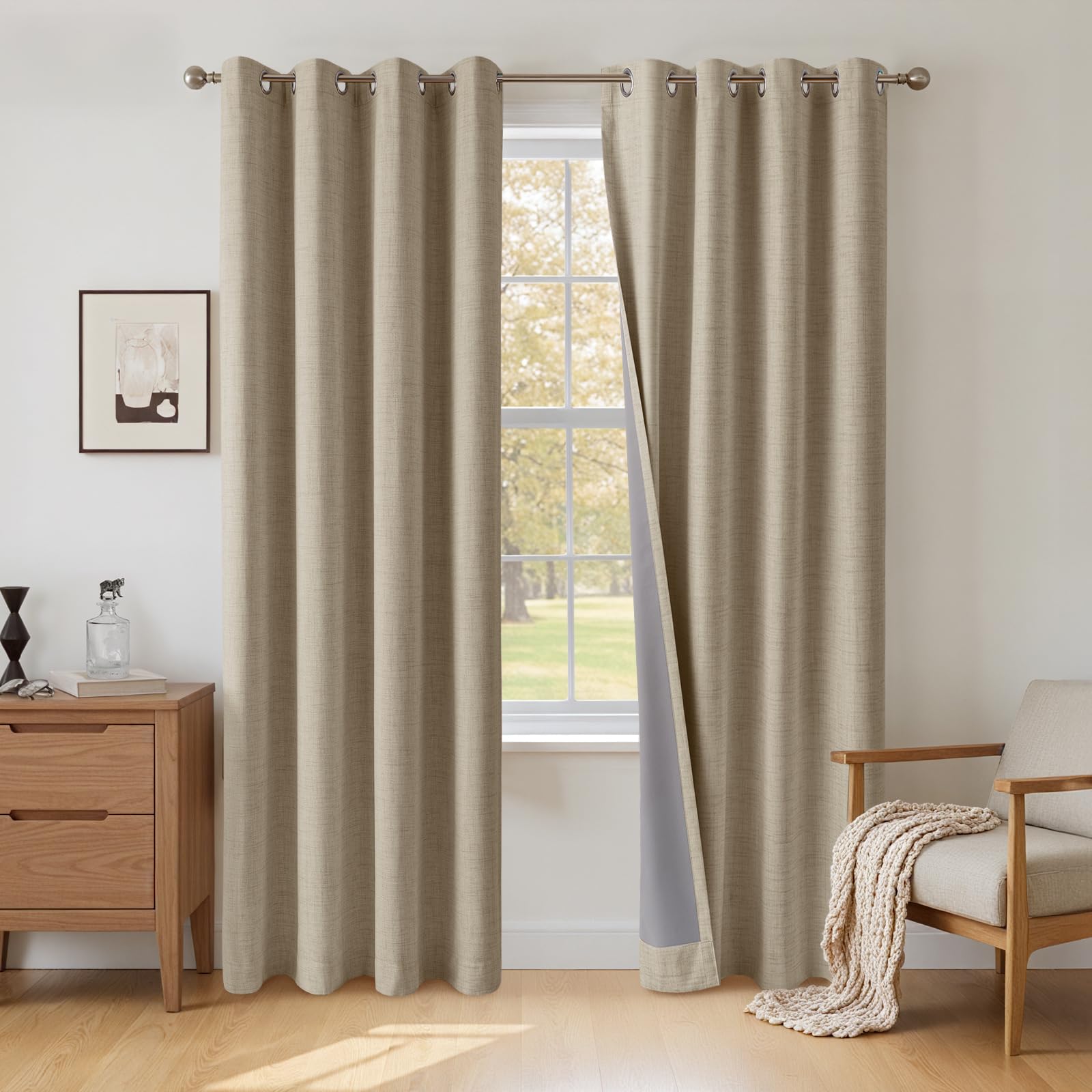 INOVADAY 100% Blackout Eyelet Curtains 2 Panels, 50" W x 63" L, Warm Taupe