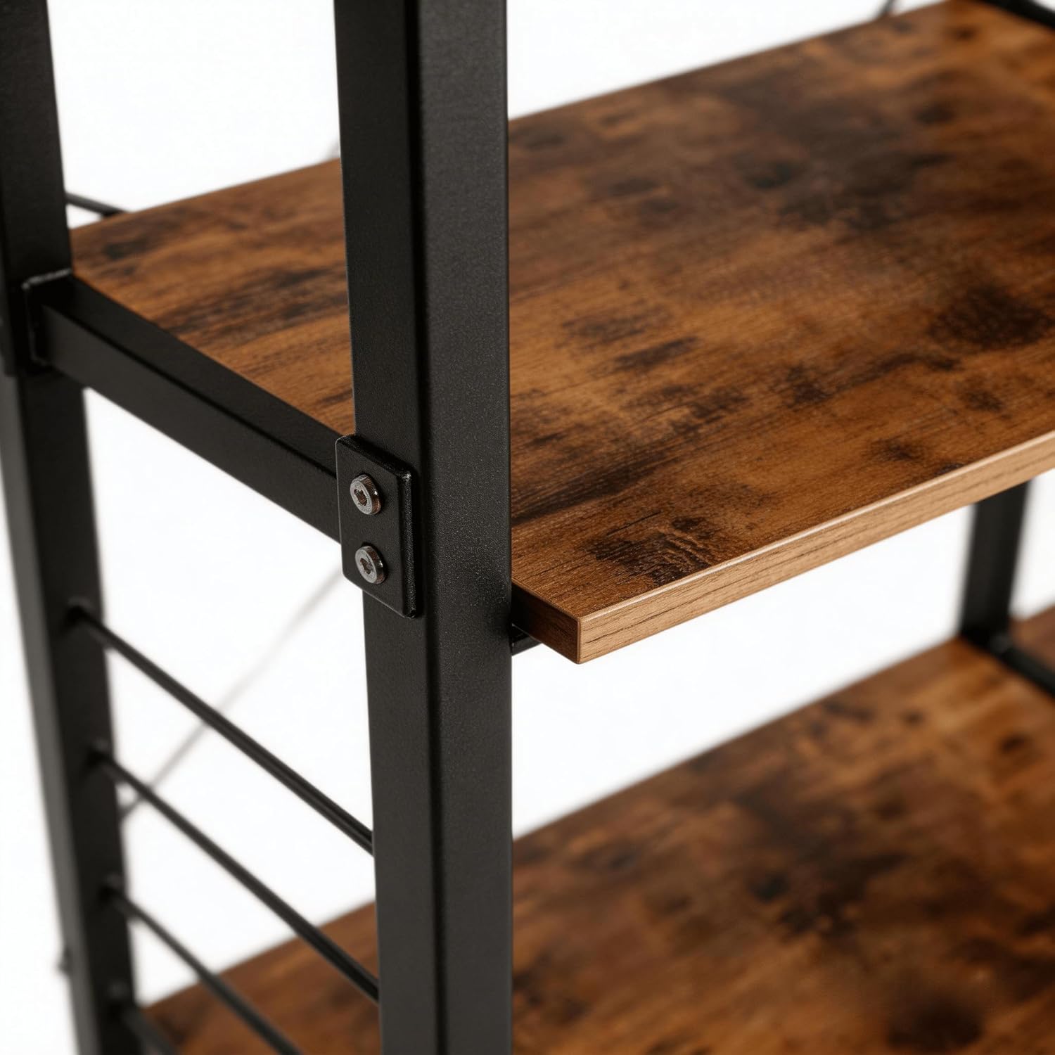 Kitchen Baker's Rack with Microwave Stand, 35.4 Inch, 4 Shelves, Wire Basket, 6 S-Hooks, Rustic Brown and Black, Industrial Style