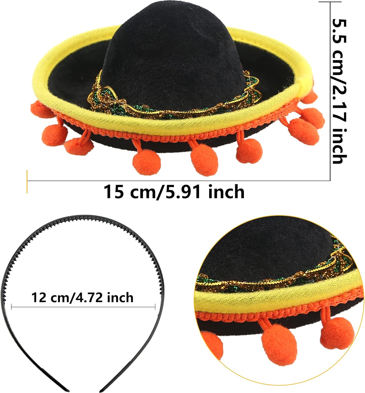 12 Pieces Cinco De Mayo Sombrero Headband Mexican Fiesta Party With Ball Fringe Mini Mexican Hat for Theme Decorations Luau Event Photo Props Party Favors