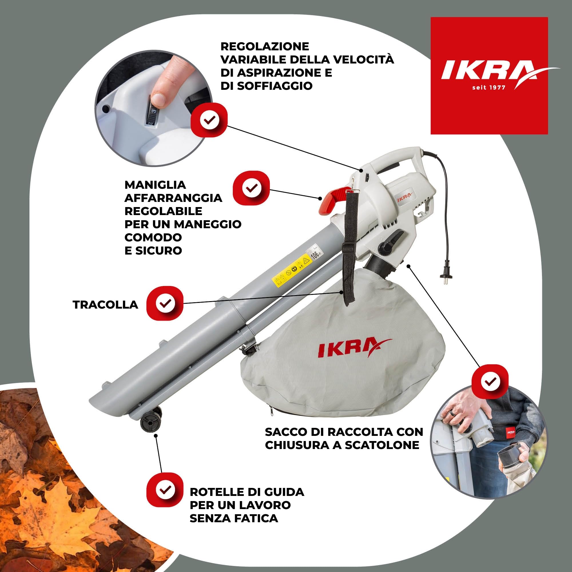 IKRA aspiratore soffiatore elettrico IBV 3000 3in1, 3000W, 240 km/h | Regolazione della velocità variabile, commutazione rapida soffiatore/aspiratore, sacco 45 l, compressione 10:1