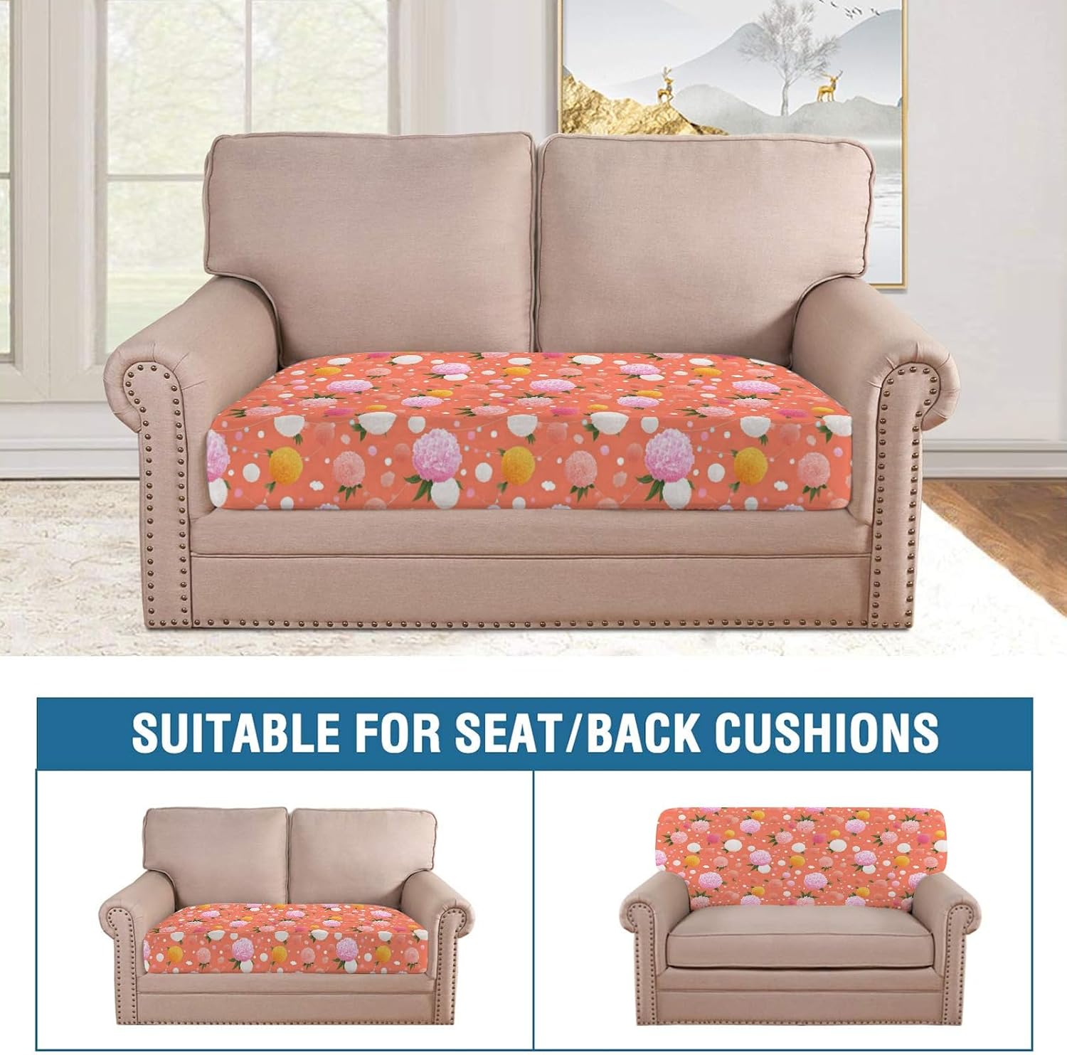 Orange Coral Peony Flower Loveseat Covers Couch Covers for 2 Cushion Couch, 2-Piece Stretch Sofa Slipcovers Anti-Slip Washable Furniture Protectors for Dogs Pets