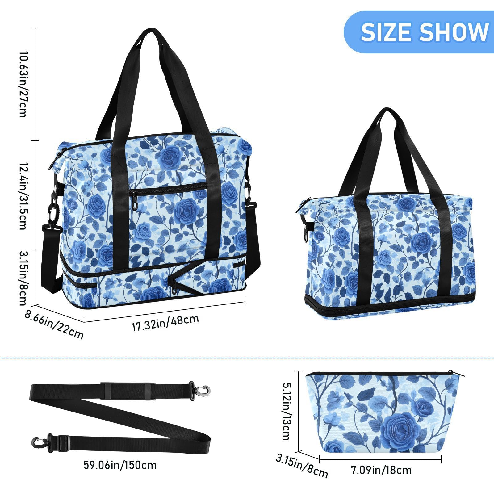 Deep Blue Roses Osobisty Przedmiot Torba podróżna z mokrą kieszenią Regulowany pasek Siłownia Torba na ramię do podróży Składana dla mężczyzn kobiet