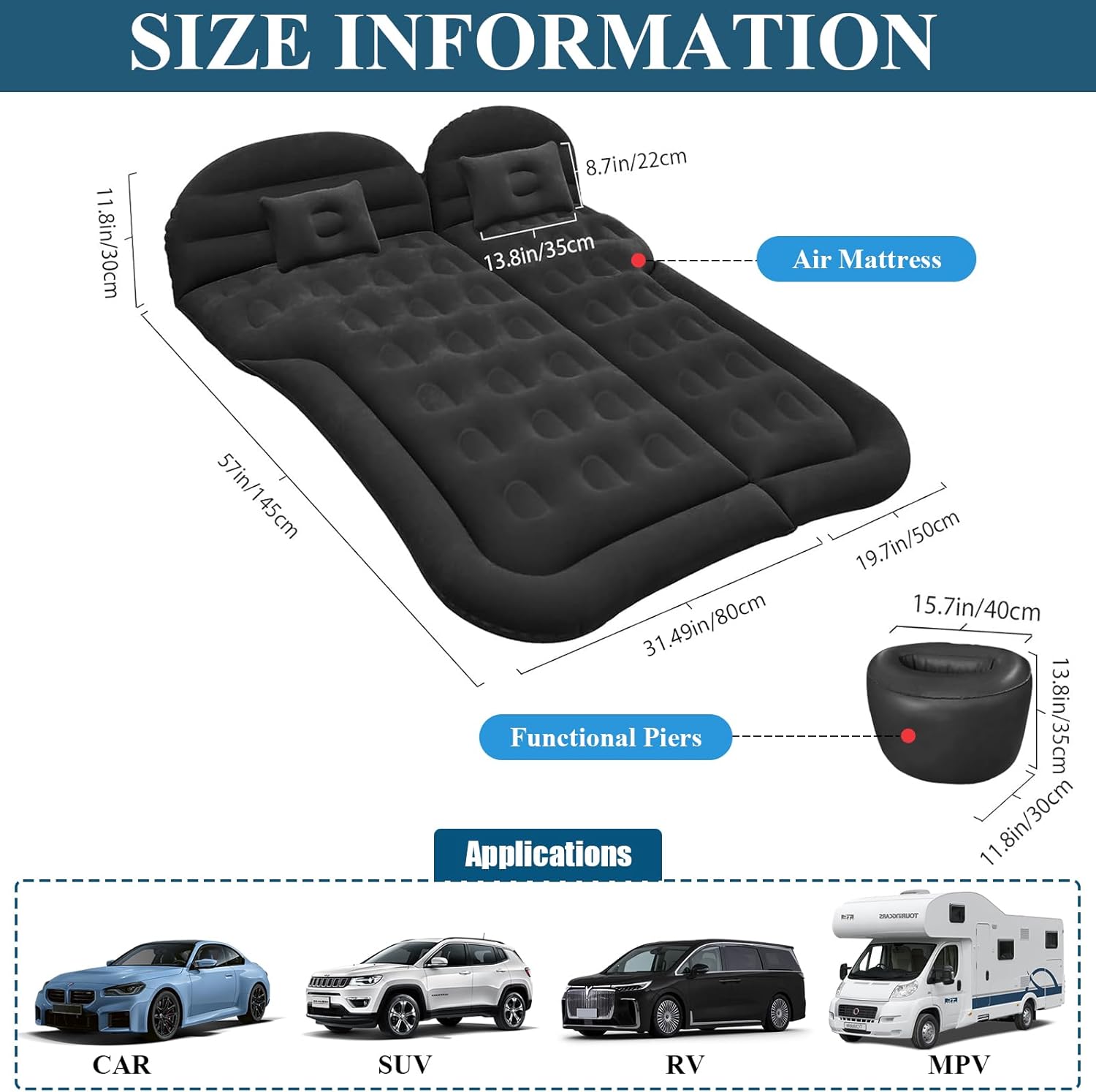 SUV Air Mattress, 6-Chamber Adjustable Car Air Mat for SUV Backseat, Double Sided Cars Bed with Electric Pump, 2 Pillows & Storage, Portable Sleeping Pad for Travel, Trucks, RV, 68L× 51W × 5.11H"
