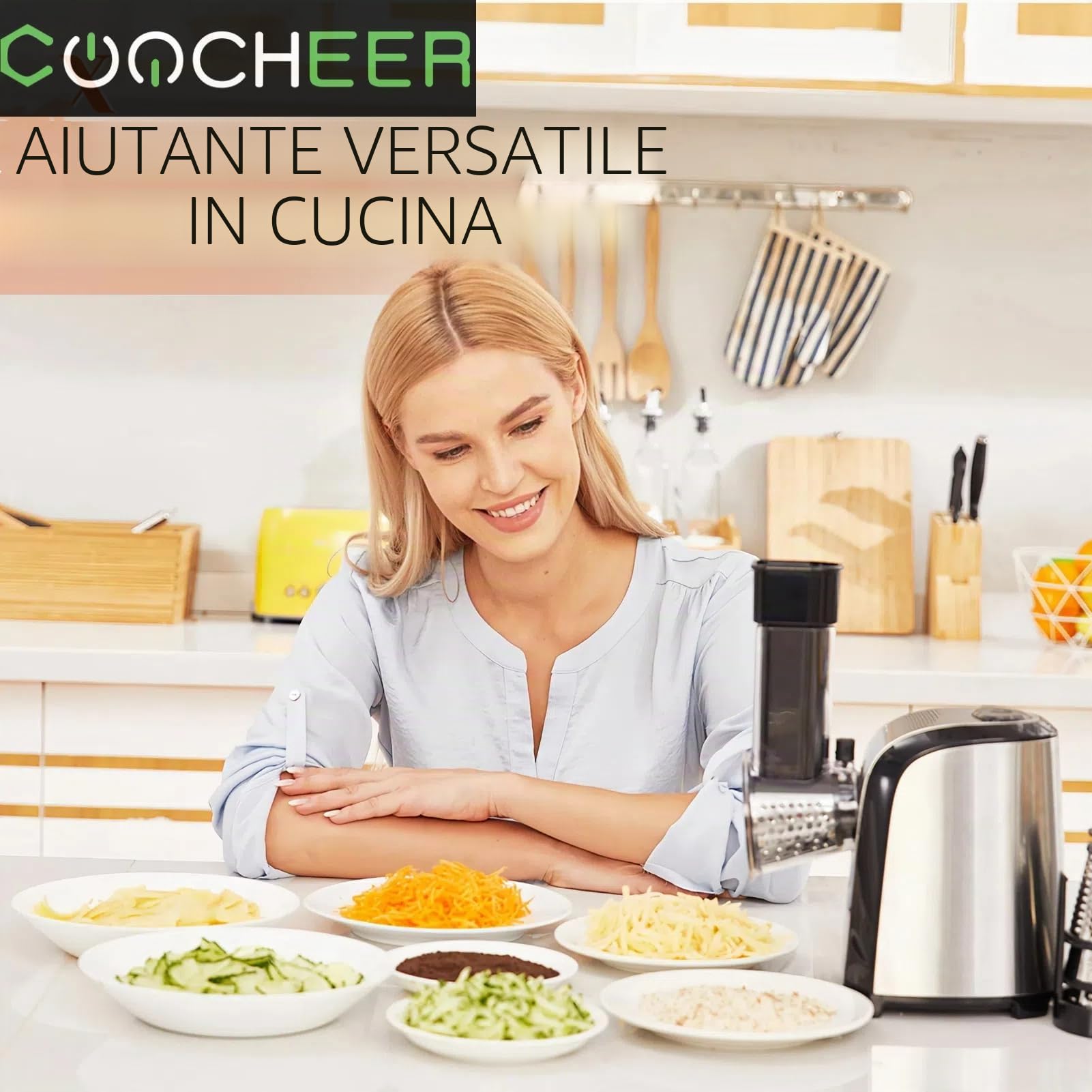 COOCHEER Affettaverdure elettrico professionale da 150 W, Grattugia elettrica con 5 tamburo di taglio per verdure, formaggio, noci, casa e insalate, lavabile in lavastoviglie