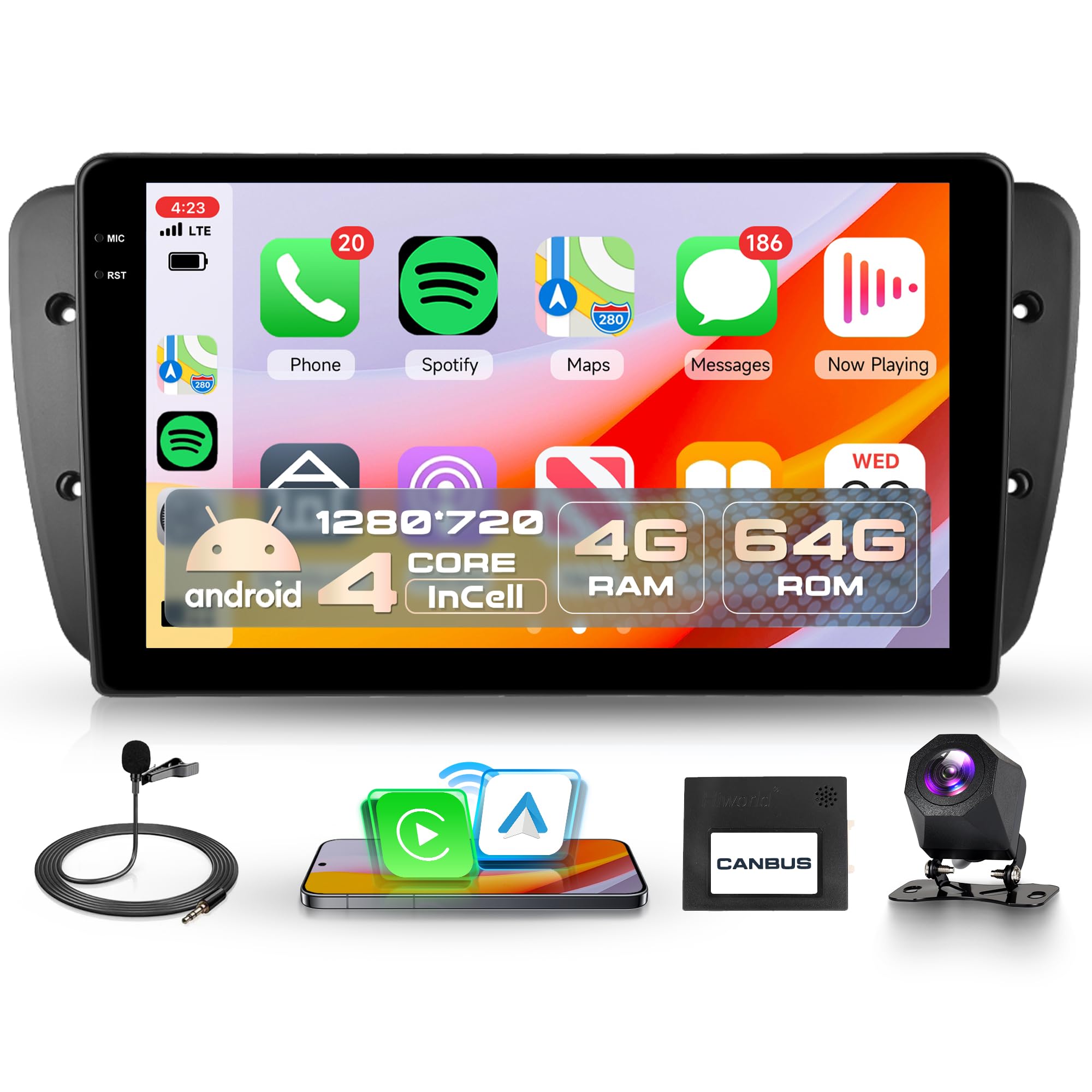 Rimoody 4G+64G Android Radio Coche para Seat Ibiza 6j IV 2009-2014 Inalámbrico Carplay Android Auto, 9 Pulgadas Incell Pantalla Radio GPS Navi WiFi Mirror Link Bluetooth FM/RDS EQ/SWC Cámara Trasera