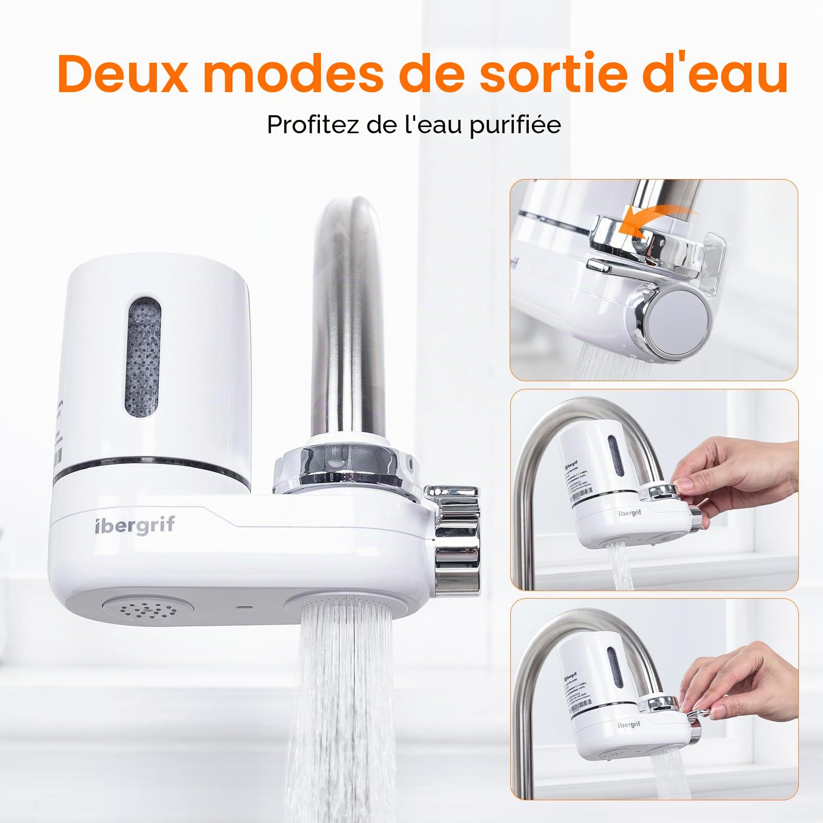 Ibergrif Système de Filtration sur Robinet, Filtre à Eau Cuisine avec Charbon Actif, Réduit Chlore PFAS Sédiments, Installation Sans Outils, Blanc