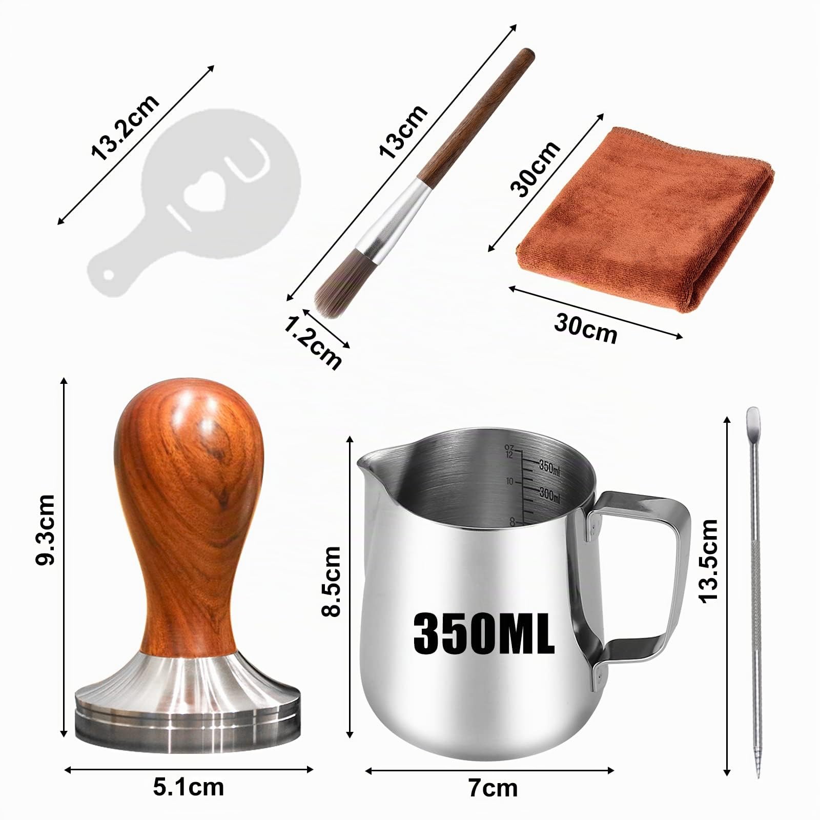 Tamper Caffè 51mm e Tamper Pressino per Caffè - Brocca Latte 350ml, Penna Latte e Stencil Decorativi per Espresso