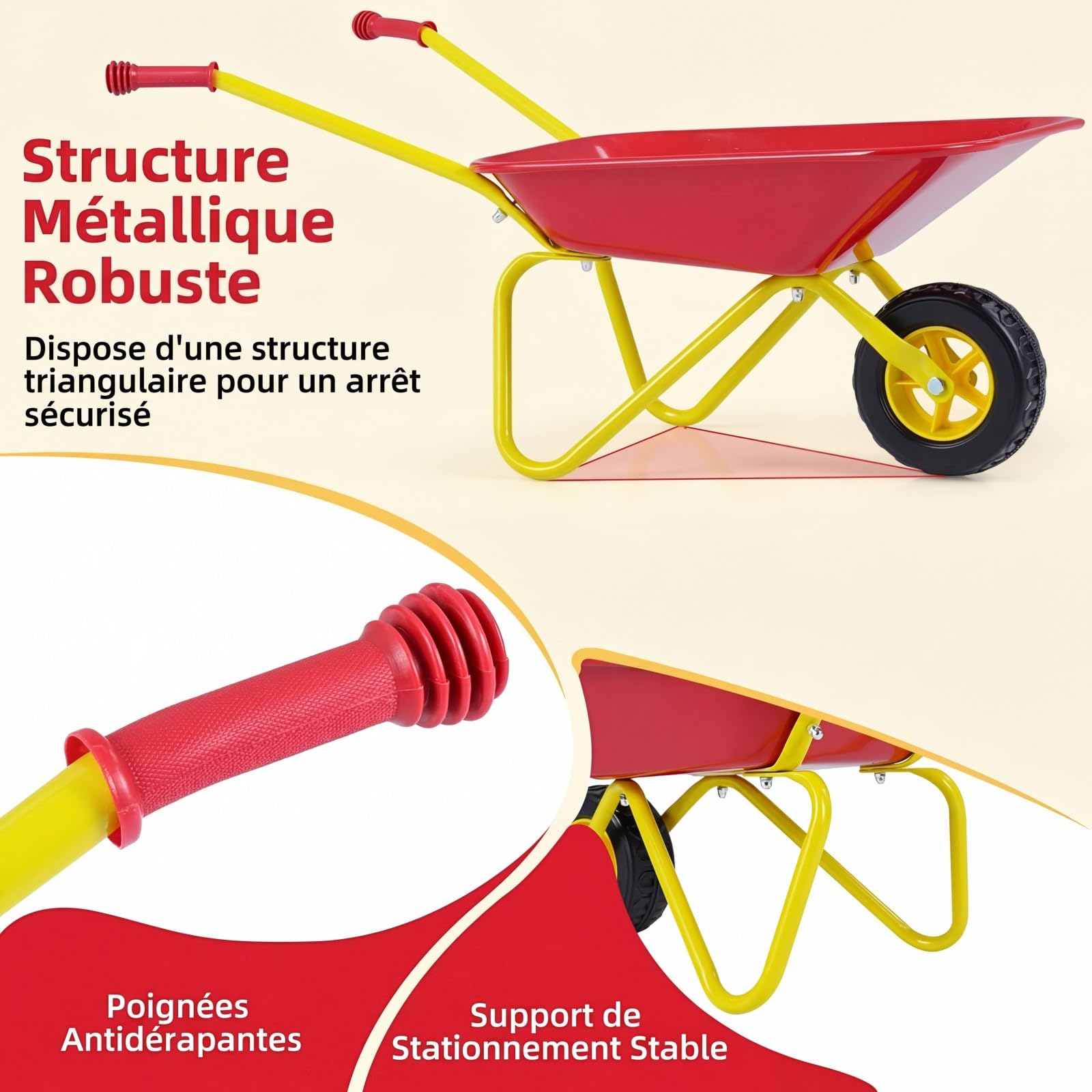 COSTWAY Brouette Enfant en Métal, Brouette Jardin Enfant avec Structure Métallique et Pneus Tout-Terrain, Idéal pour Jardin et Bac à Sable, Charge 15kg à Partir de 3 Ans, 78x45x36cm (Rouge)