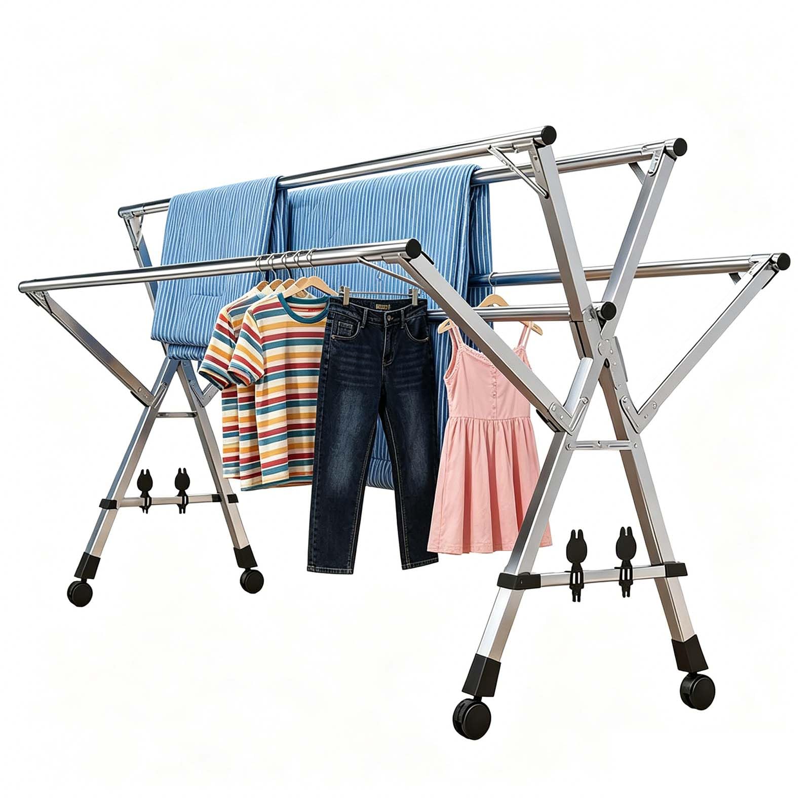 YSUEFIJO Foldable Stainless Steel Clothes Drying Rack with Wheels, Adjustable Telescopic Garment Rack for Shirts Pants Jackets, Space Saving Laundry Drying Rack Hanger for Home