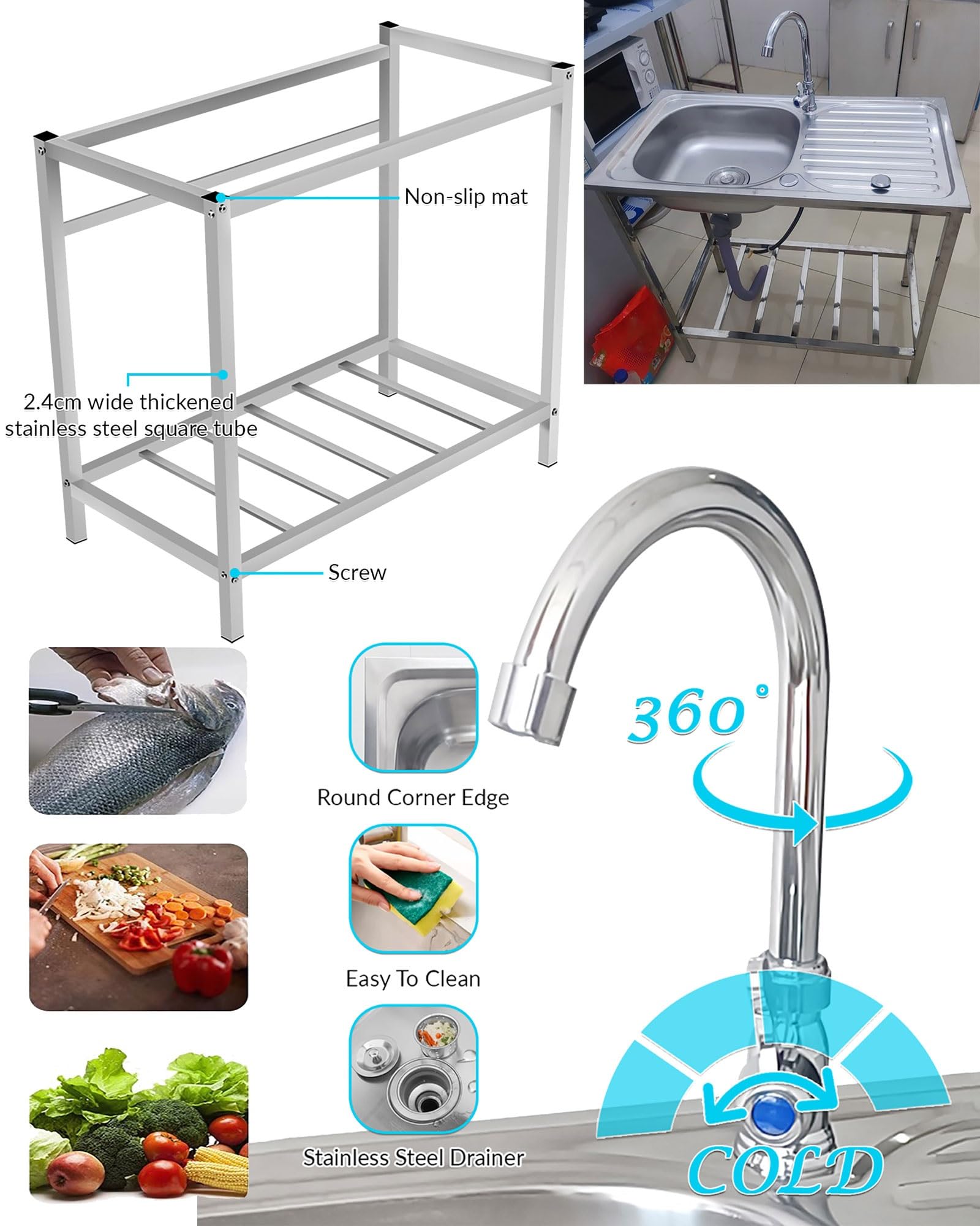 Fregadero Cocina 1 Seno Con Grifo Y Cepillo Esponja Fregadero Industrial Acero Inoxidable Con Banco De Trabajo Y Estantes Fregadero Independiente Fregadero Exterior Jardin Para Lavadero Garaje(75cmX45