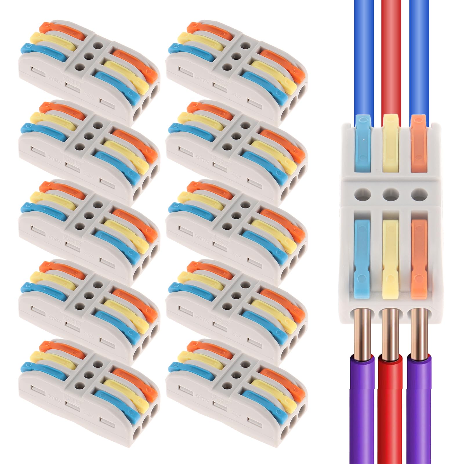 AEDIKO 10pcs Lever Wire Connectors 3 IN 3 OUT Quick Wiring Cable Connector 3 Way Compact Wire Terminal Block for 28-12 AWG, 28-14 AWG