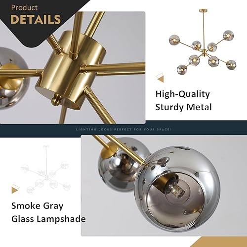 Miniatura 3 de BOKT Lámpara de araña moderna vintage Sputnik de cristal gris ahumado dorado, lámpara colgante grande de 8 luces de mediados de siglo latón
