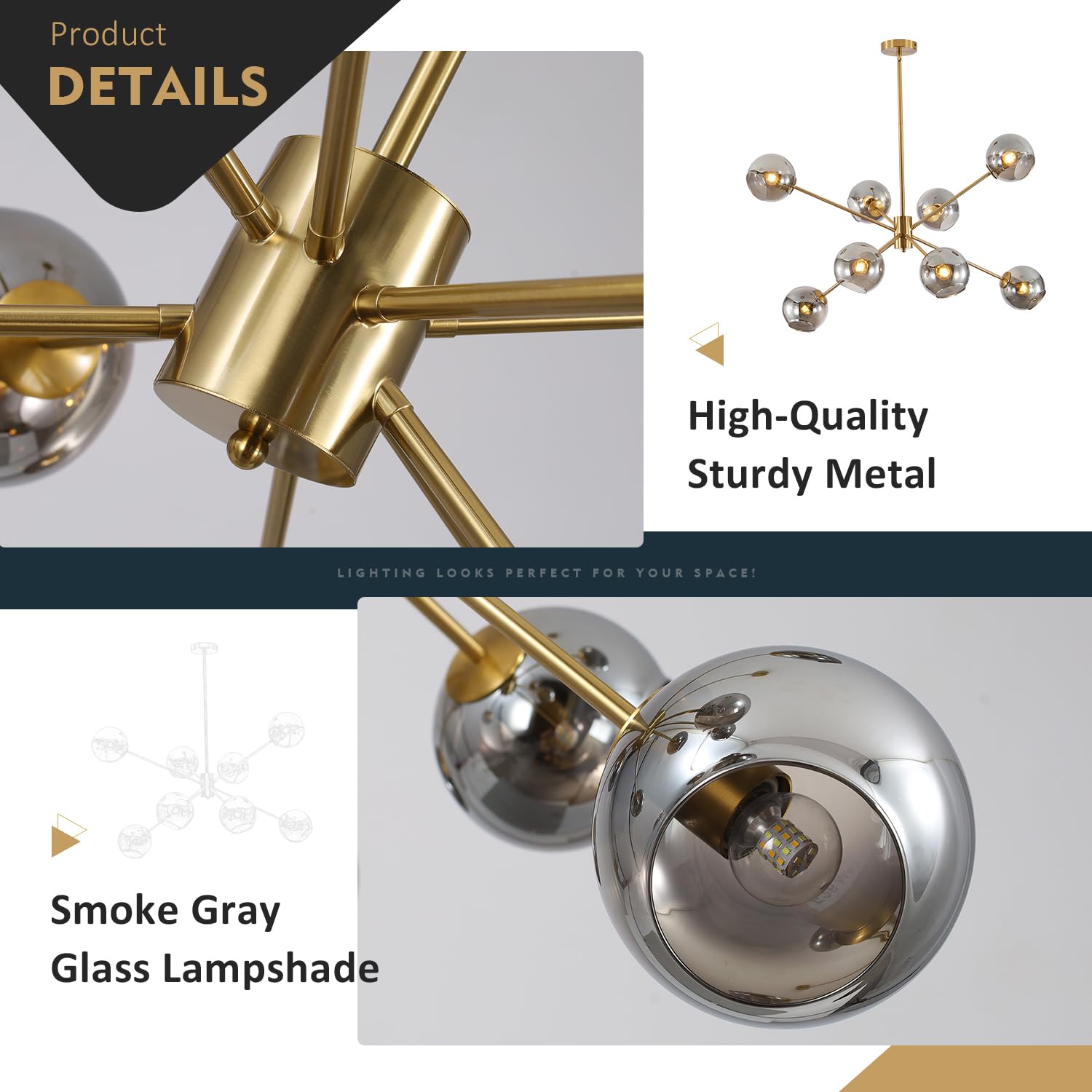 Snapklik.com : Modern Vintage Globe Sputnik Chandelier Gold Smoked Gray ...