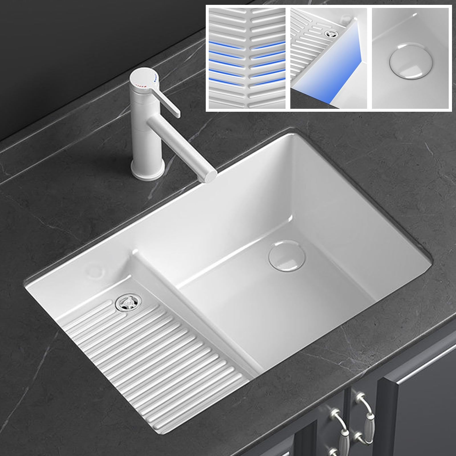 Fregadero de Lavandería Blanco con Tabla de Lavar Integrada, Un Solo Seno con Grifo Extraíble y Kit de Desagüe Completo, Lavabo Sobre Encimera para Cocina y Lavadero(73.5x42x19cm/29x16.5x7.5in)