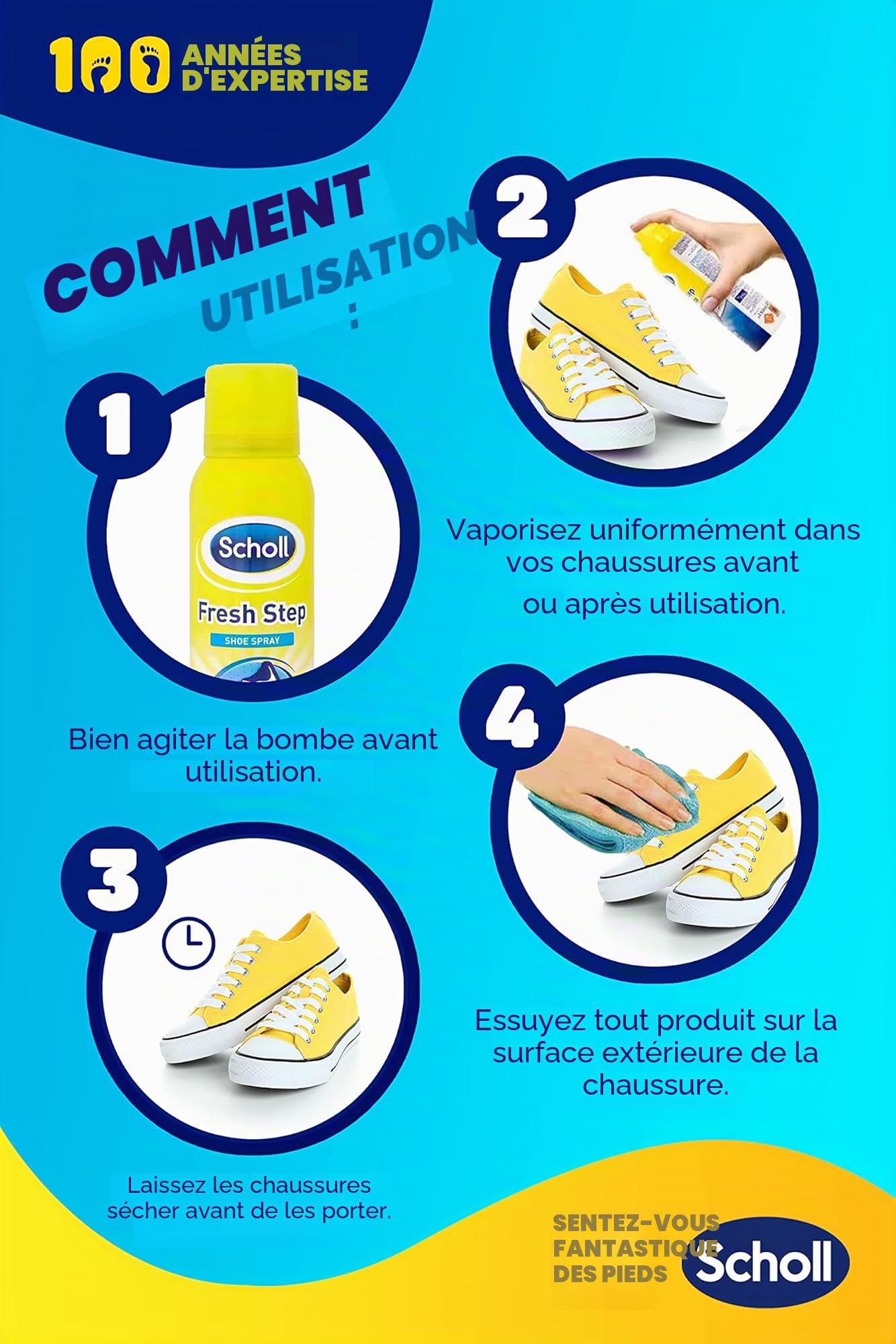 Scholl Fresh Step Lot de 4 sprays anti-odeurs pour chaussures jusqu'à 24 heures de fraîcheur 150 ml