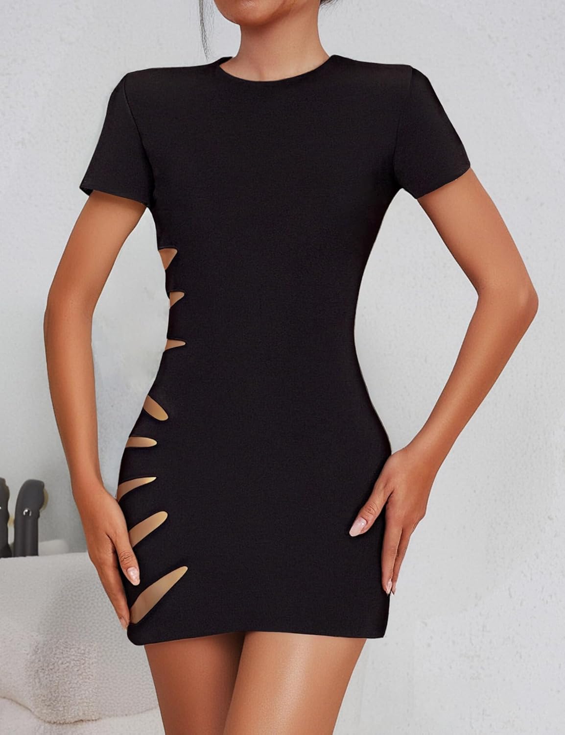 SHESEEWORLD Women's Hollow Out Bodycon Mini Dress Sexy Short Sleeve Crew Neck Cut Out Cocktail Club Short Dresses - Image 2