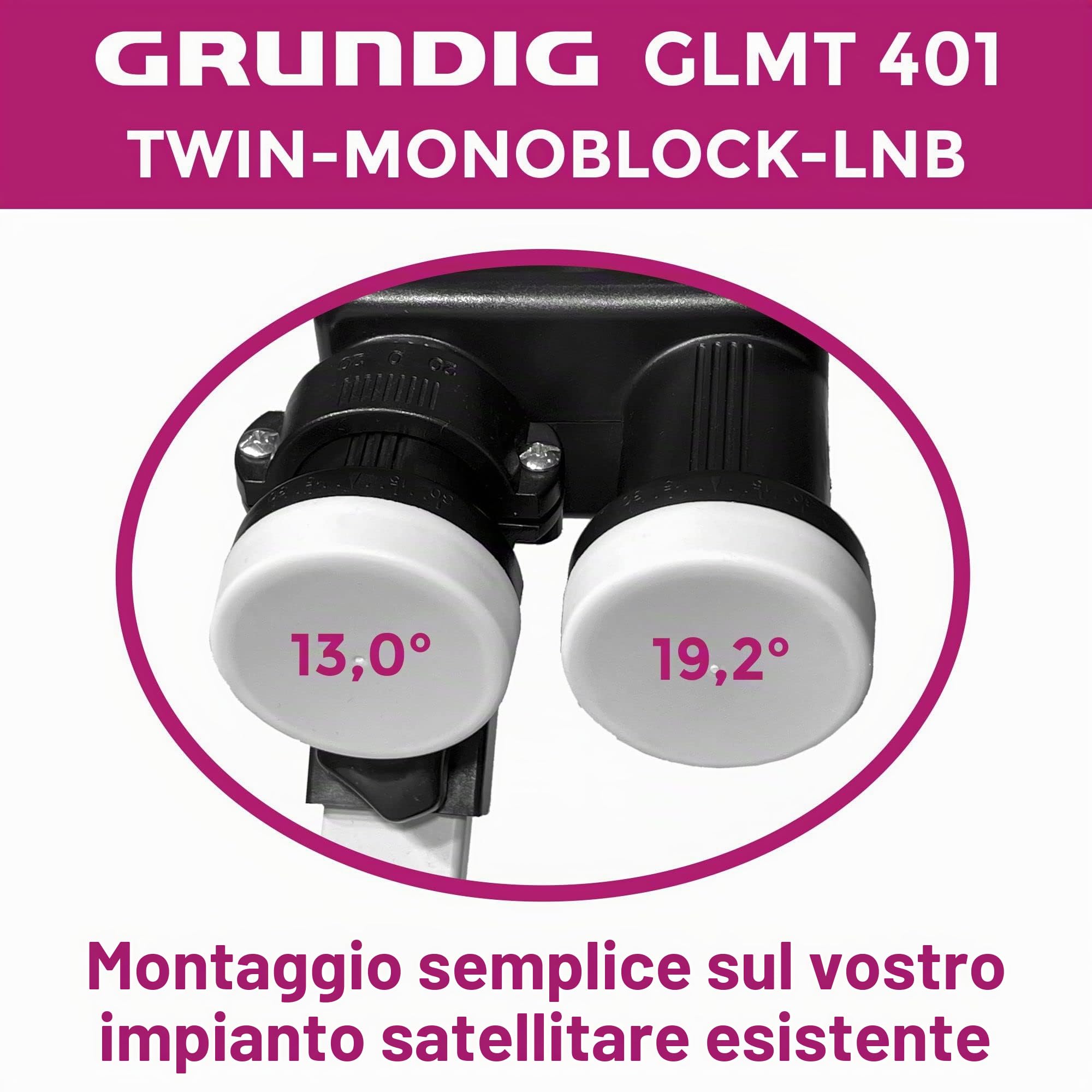 [ Test molto buono, Note 1.2 *] GSS Basic Monoblock Twin LNB Astra Hotbird per 2 partecipanti e 2 satelliti, 2 ingressi HD 4K LNC per collegamento diretto (TV, ricevitore satellite) LMB per parabola