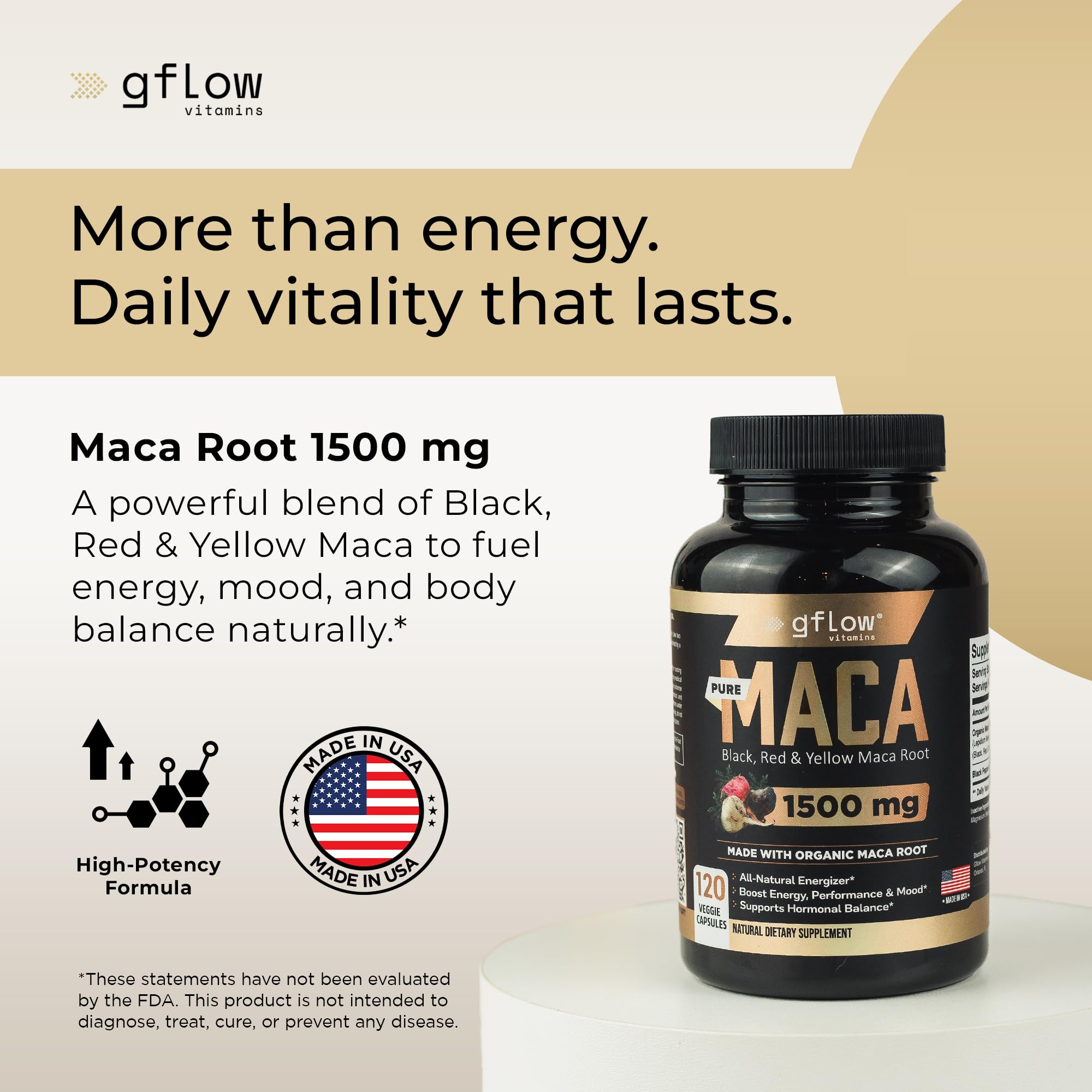 gflow vitamins Organic Maca Root Capsules for Women & Men - Black, Red, Yellow Peruvian Maca Root Extract & Black Pepper - 120 Vegan Pills - Supports Energy, Performance & Mood | Made in USA — Amazon image 2