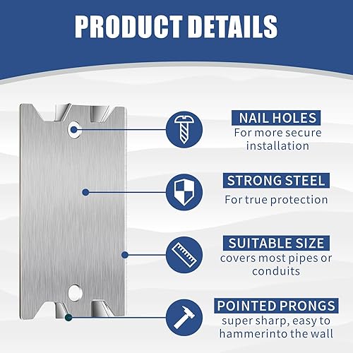 Miniatura 3 de Paquete de 50 placas de clavo para tachuelas, placas de seguridad de acero para proteger la fontanería y el cableado, protectores de cable de 1.5 x