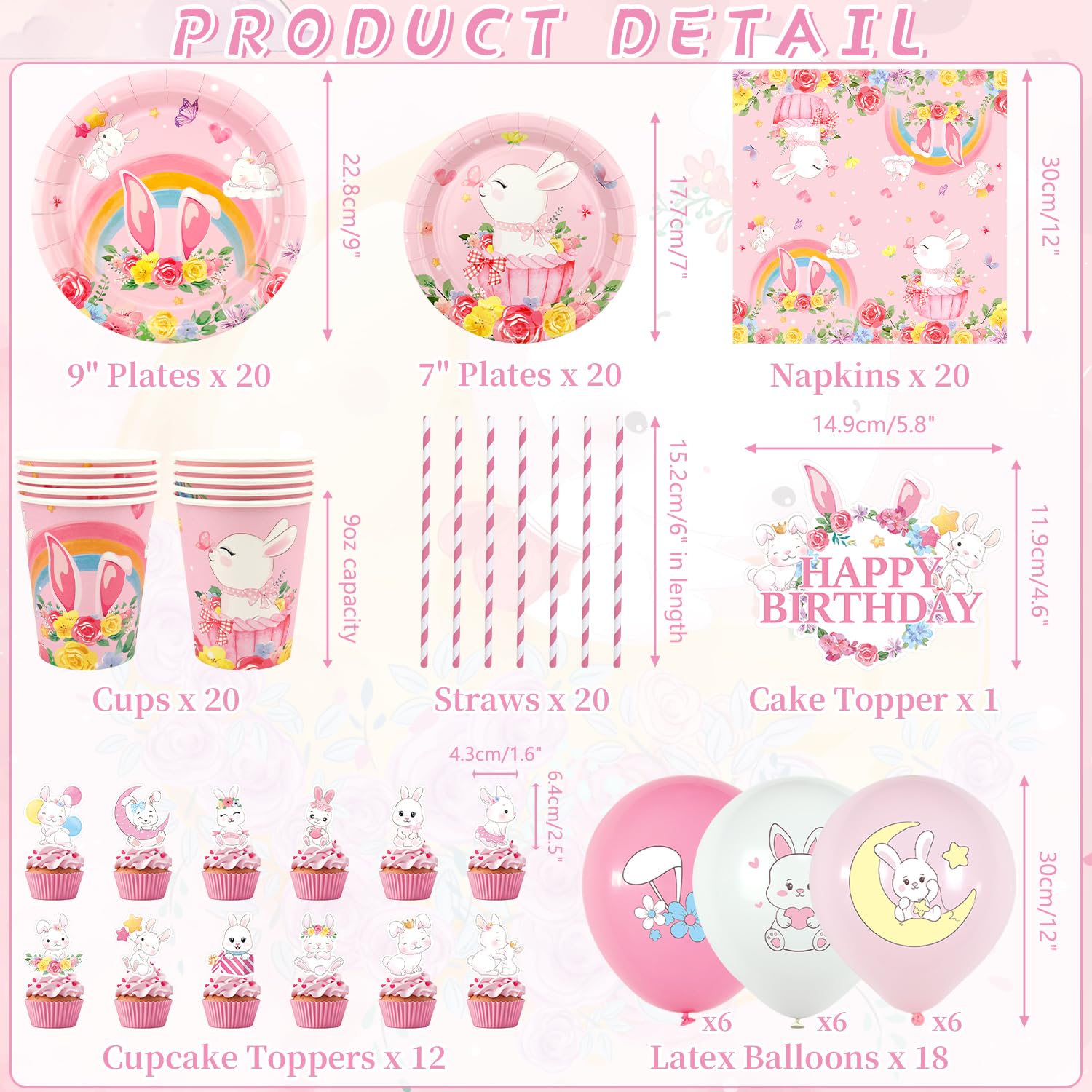 Bunny Decorazioni per feste di compleanno – Accessori per feste con coniglio tra cui striscioni, piatti, decorazioni per torte, bicchieri, tovaglioli, palloncini, tovaglie, per 20 persone (LQ