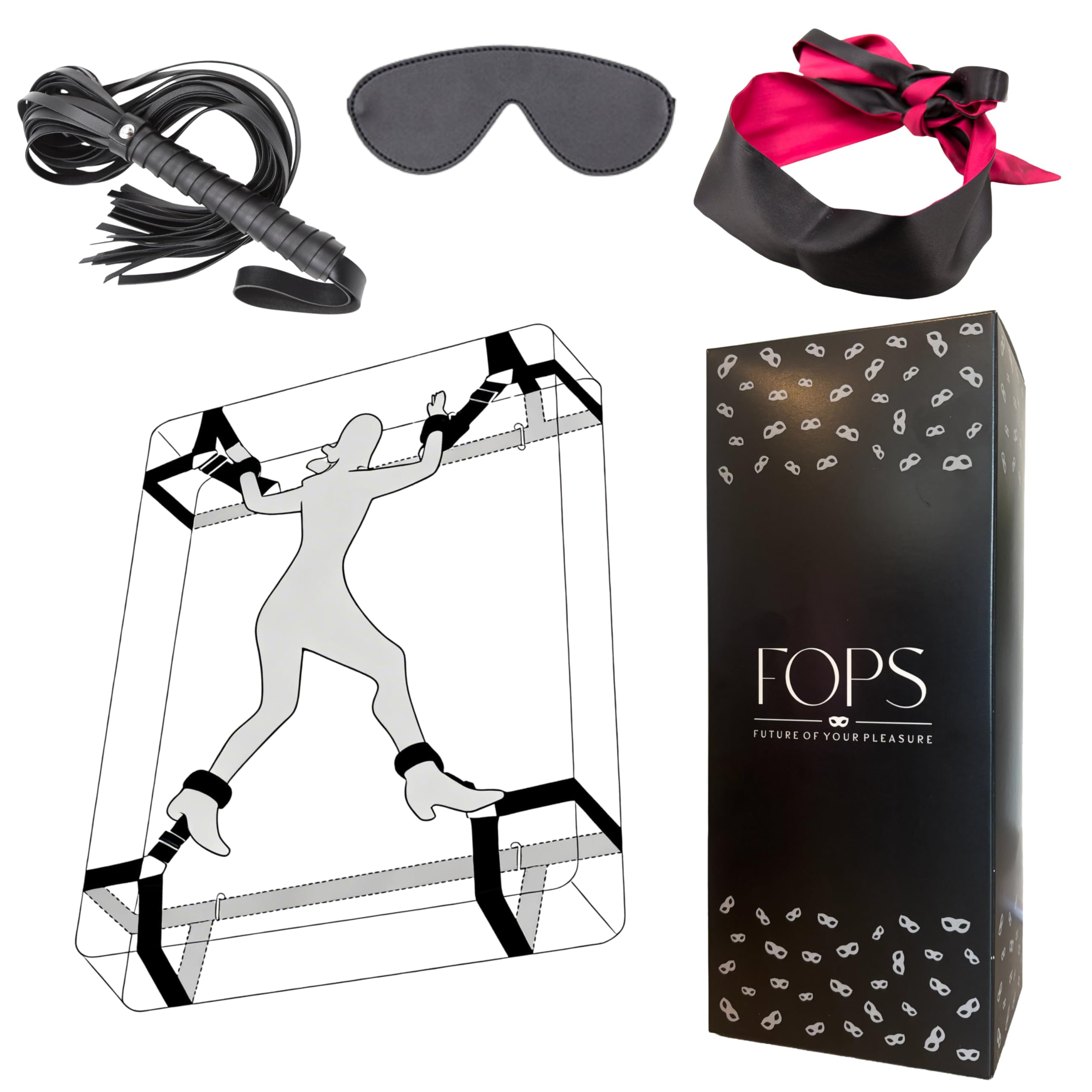 Ensemble FOPS Bondage pour lit Système d'attache réglable pour matelas jusqu'à 200x220cm incluant fouet en cuir de 70cm menottes entraves pour pieds bandeau en cuir & masque en satin Ensemble BDSM