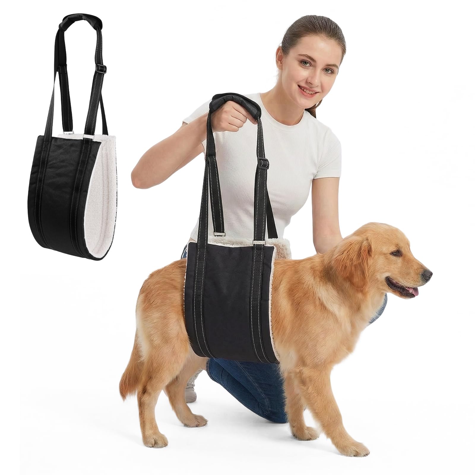 Supcomsta Dog Lift Harness Support Sling, Rear Leg Support Harness for Senior Disabled Dogs, Adjustable Sling with Reflective Strap (Black, L)