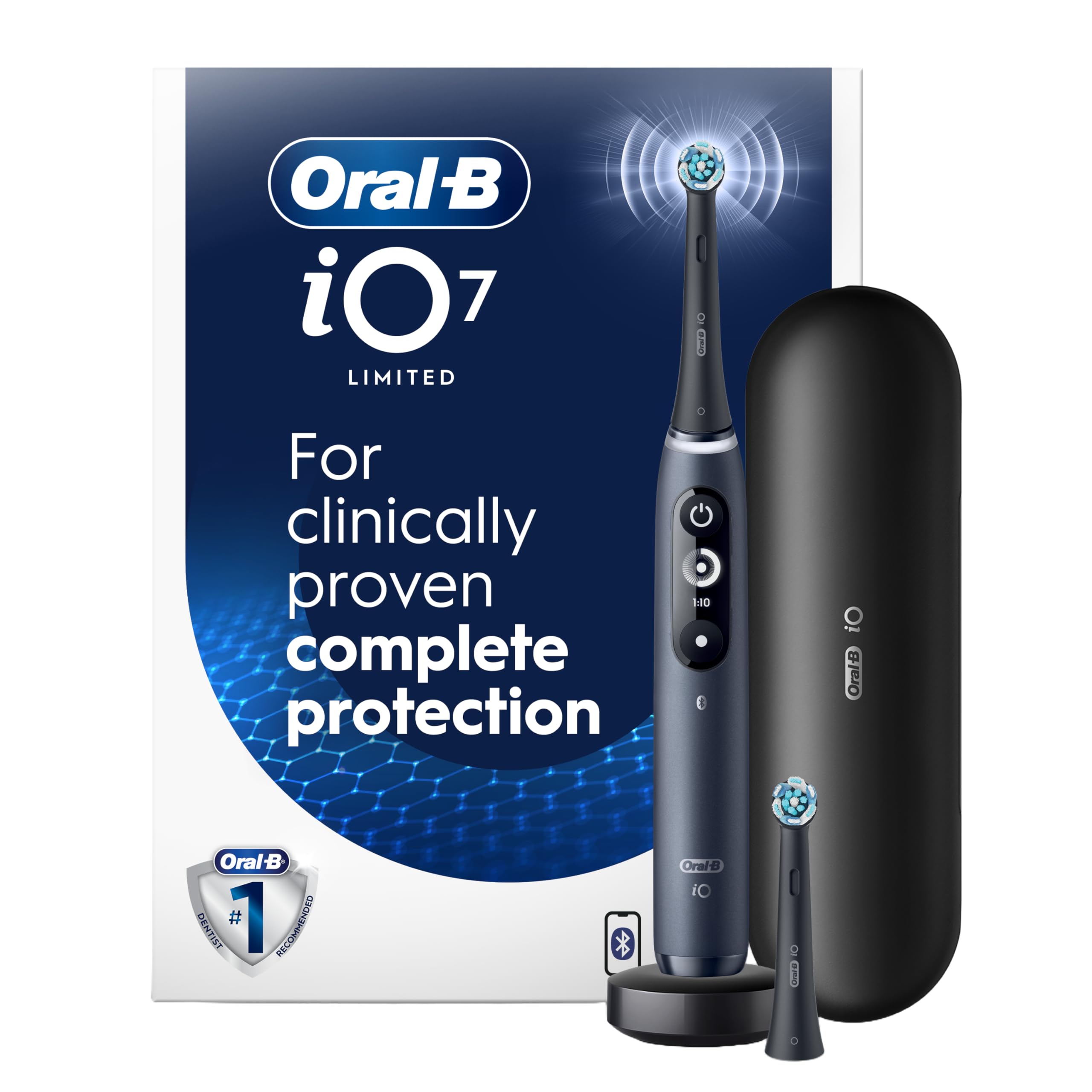 Oral-B iO7 Electric Toothbrush, for Clinically Proven Complete Protection, Black, iO Series 7 Limited with 1 Toothbrush, 2 Brush Heads, and 1 Charging Travel Case