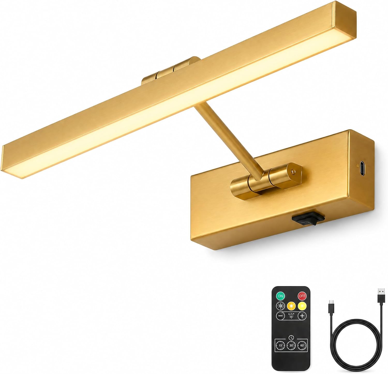 JOOSENLUX Dimmable Battery Operated Picture Light - Wireless Art Display, Single-Rod Swing Arm LED Fixture - Adjustable 16" Long Gold Wall Light for Paintings.