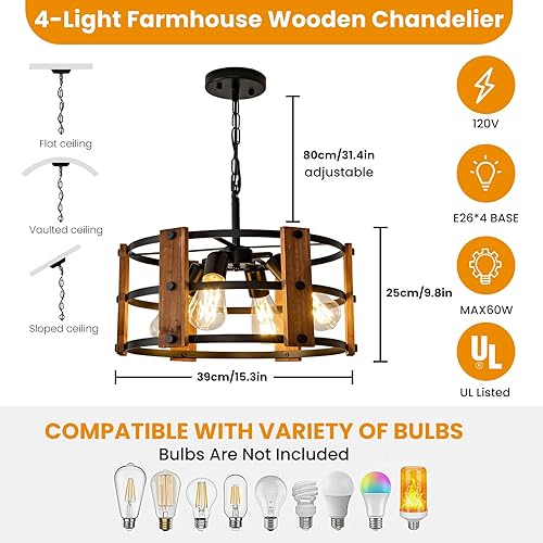Miniatura 3 de Candelabro rústico de granja, lámpara colgante de 4 luces, altura ajustable, madera vintage marrón, iluminación colgante para entrada, isla de