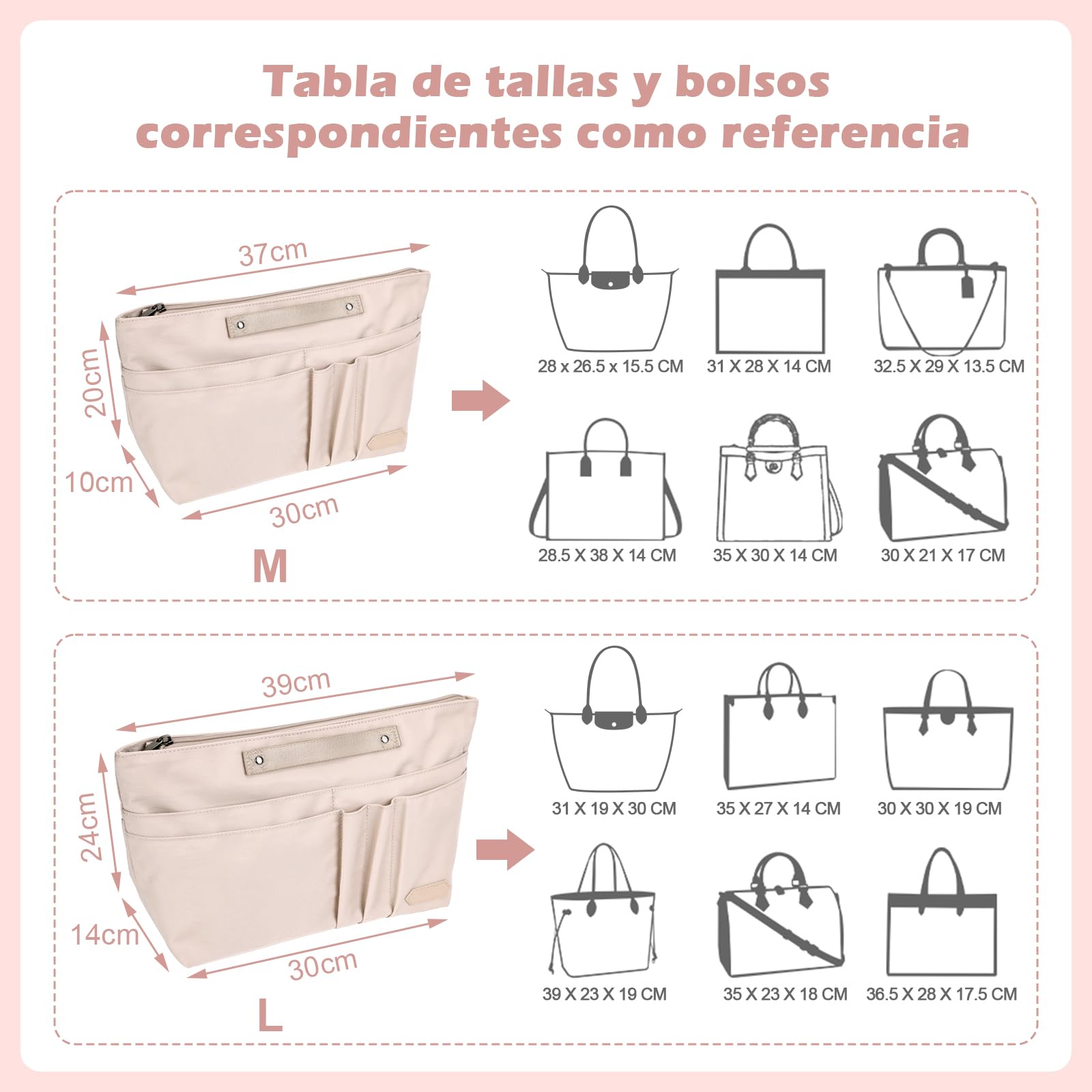 GADITIEK Organizador Bolsos, Organizador De Bolsos Poliéster con Llavero, Organizador Bolsos De Mujer para Bolsos Longchamp Le Pliage l,y Más... Tote Bag Organizer (Beige, L)