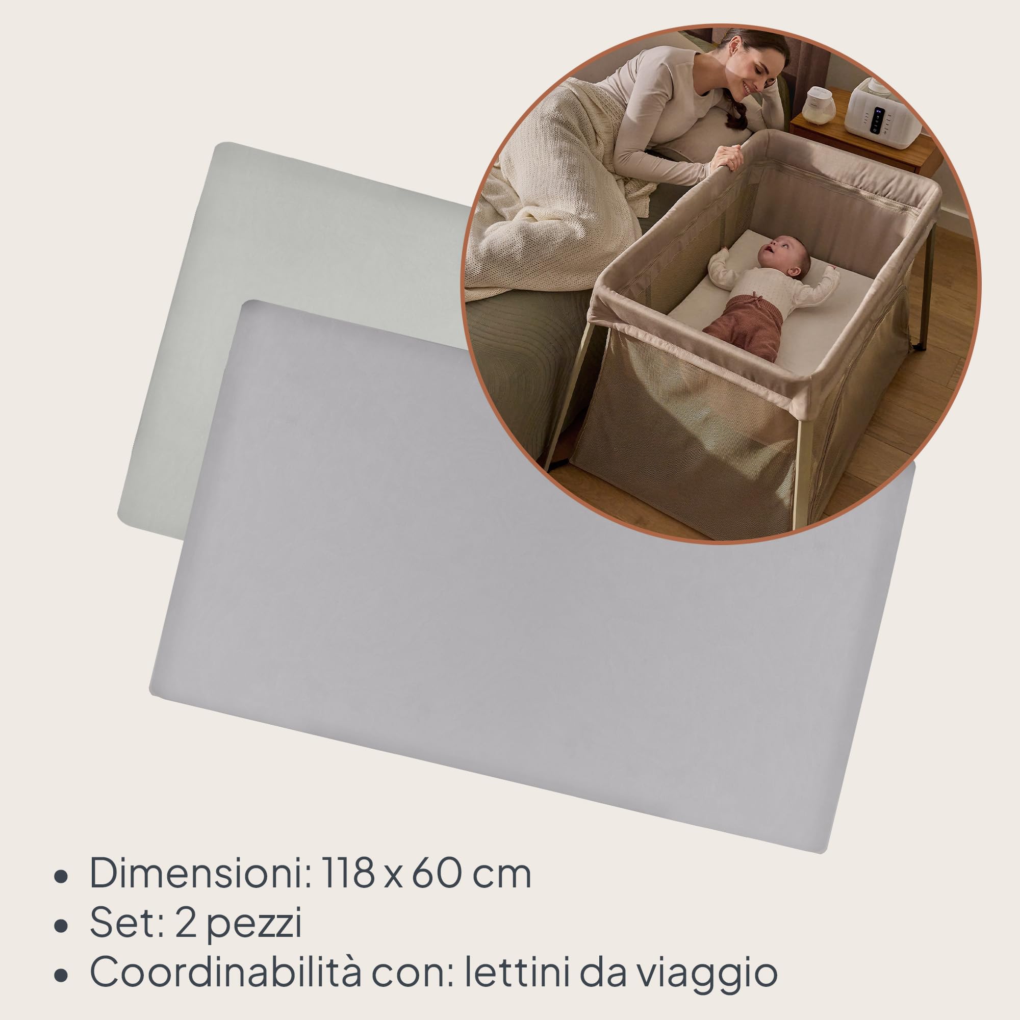 LIONELO Lenzuola con angoli per lettino neonato, Set da 2, 118x60 cm, Cotone di bambù naturale, Traspiranti, Ideali per materasso di lettino, lettino da viaggio/Campeggio o culla, Bianco/Grigio