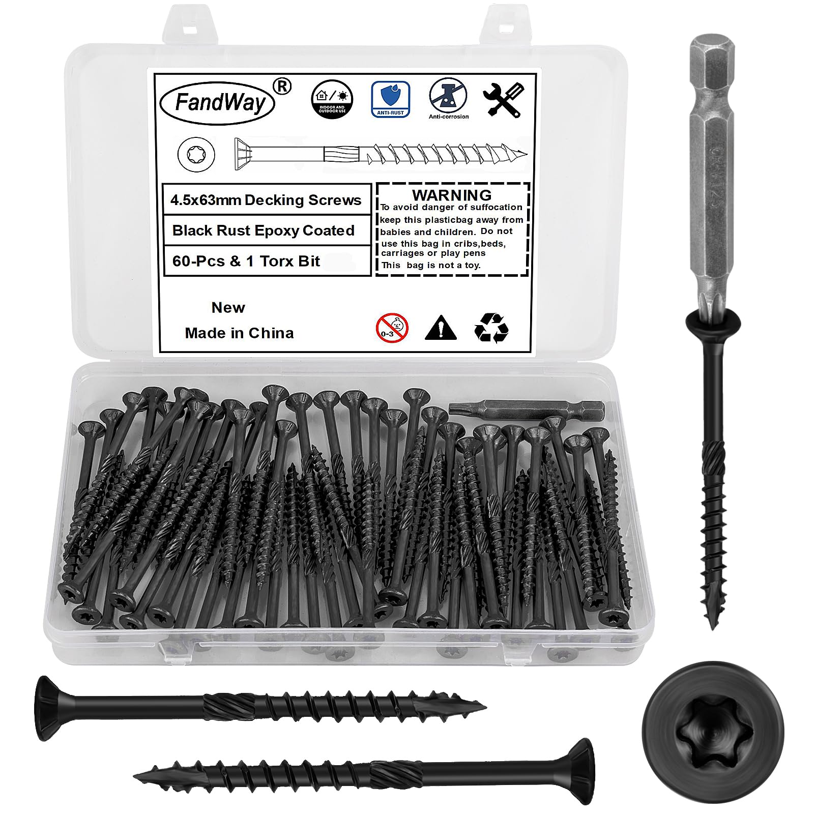 FandWay 4.5x63mm Deck Screws 60Pcs,Torx Drive Wood Screws, Flat/Countersunk Head Screw,Rust Resistant epoxy Coated, Black, T25 Star Bit.