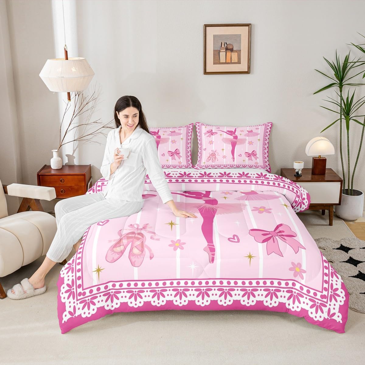 Feelyou Pink Bow Ballet Bedding Set Twin Size Dancing Ballet Girl Comforter Set for Princess Girls Dreamy Ballerina Duvet Quilt