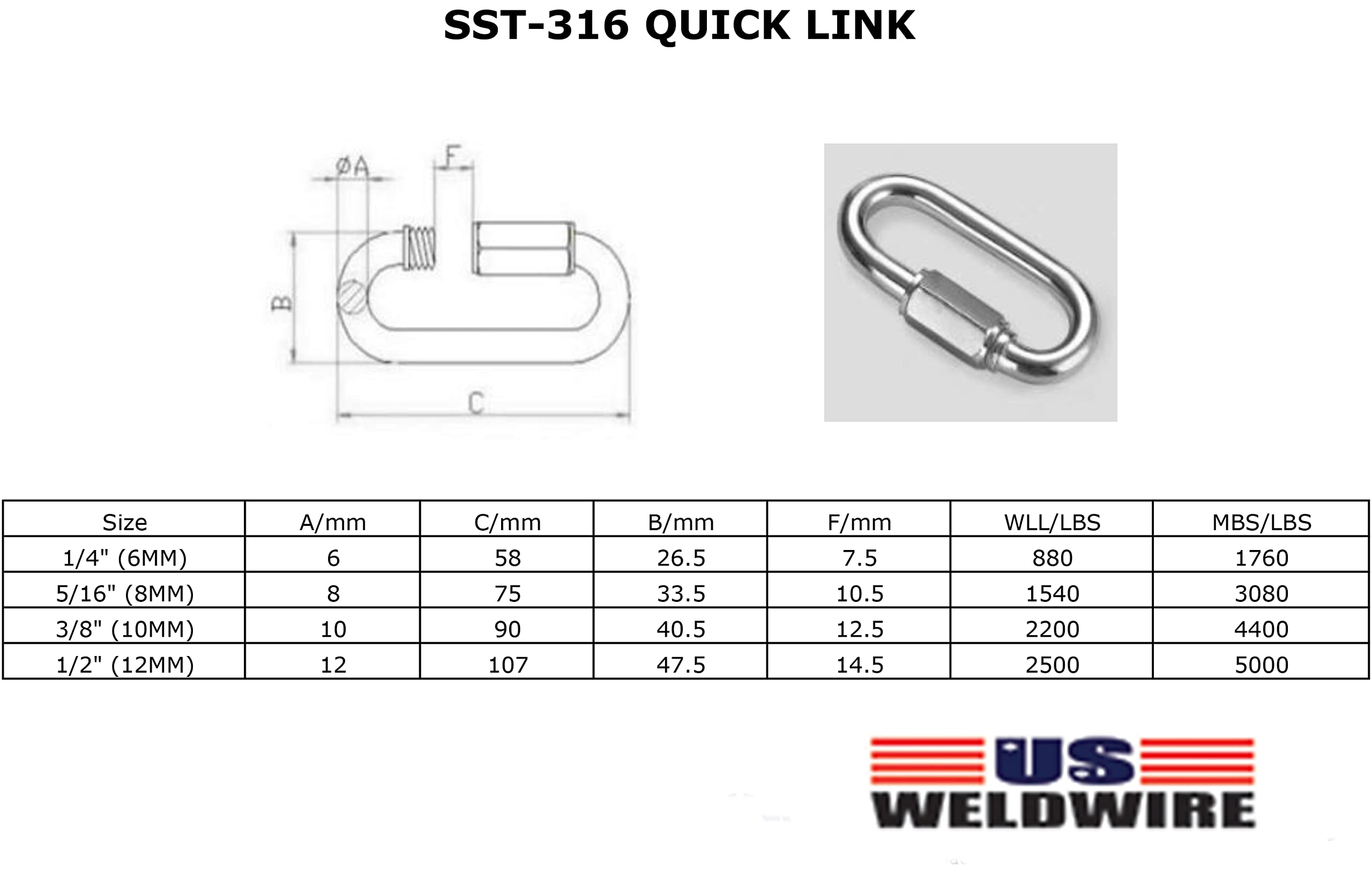 2 pcs Stainless Steel 316 Quick Link 1/2
