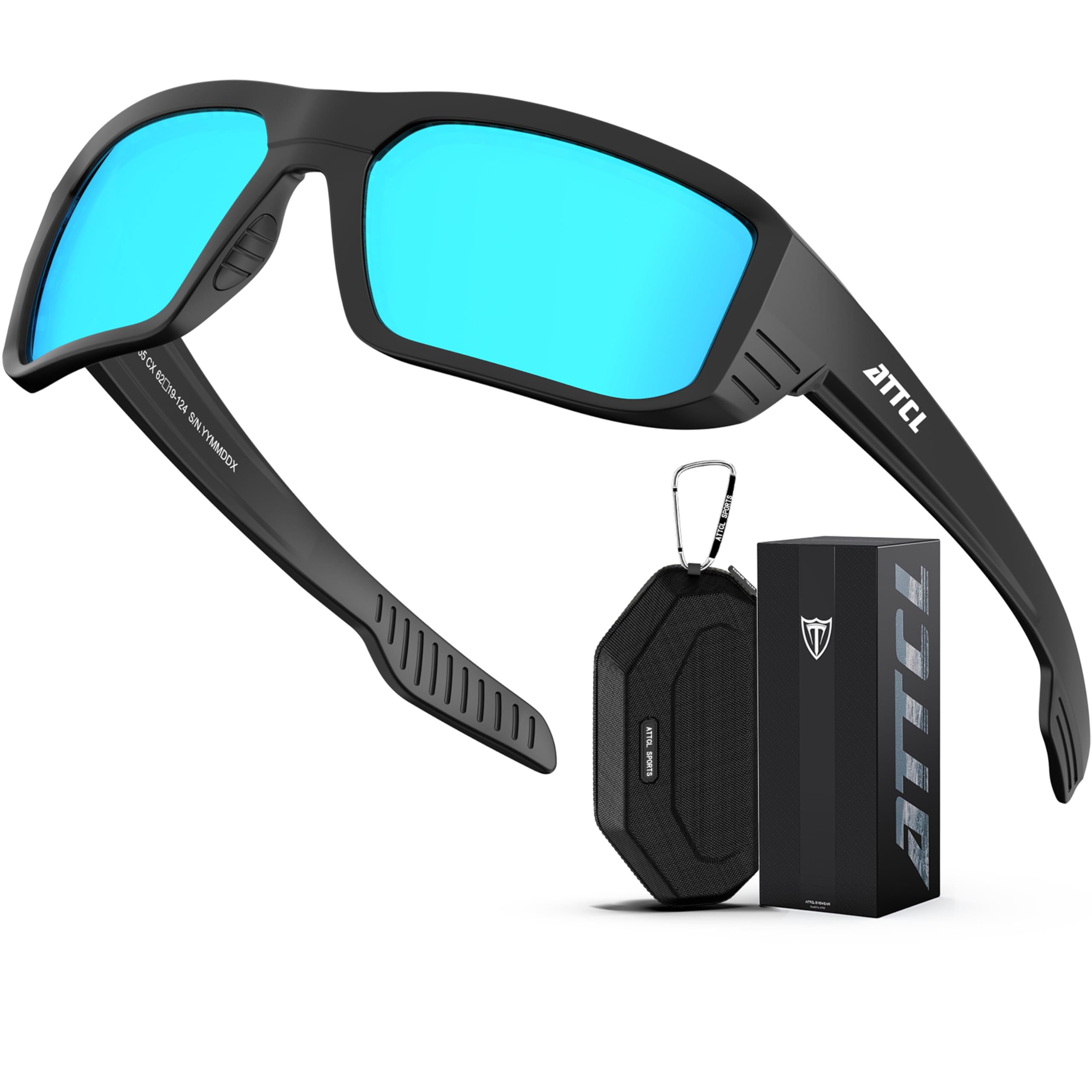 ATTCL Sports Polarized Sunglasses for Men: Ultra-Light Wrap Around TR90 Frame UV400 Protection for Fishing Driving Shooting, Black Frame/Blue Lense, M