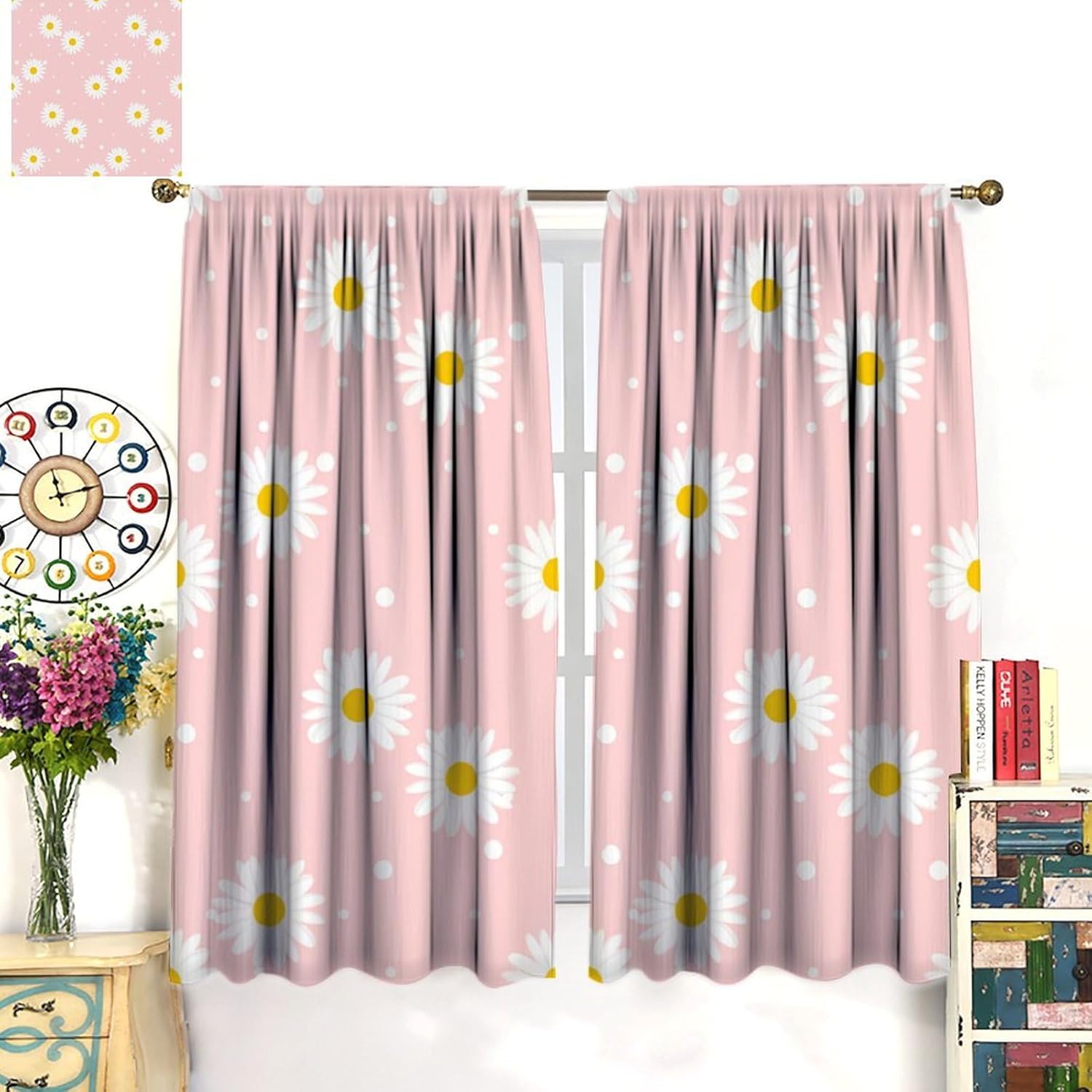 Pink White Daisy Curtains, Cartoon Cute Spring Colorful Daisy Floral Print Blackout Window Treatments for Girls Bedroom Living Room, 63" W X 63" L