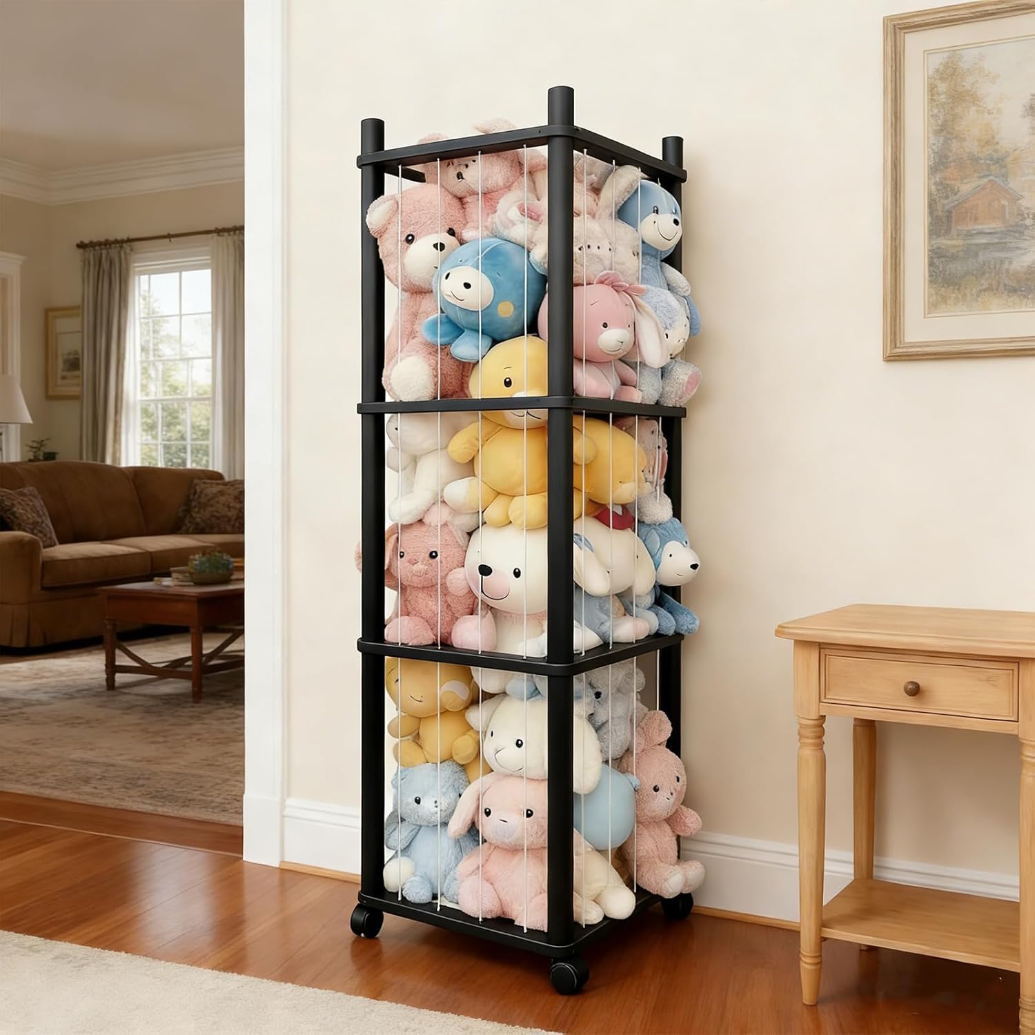 Wooden Stuffed Animal Zoo Storage - Sturdy Solid Wood Toy Organizer with Lockable Wheels, Easy-Assemble/Clean, Large Capacity Plush Toy Cage, Space-Saving for Toddler/Playrooms/Bedrooms