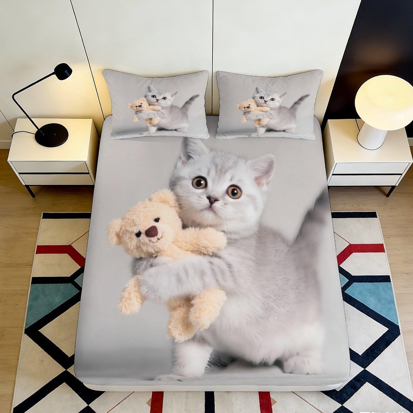 3D Printed Cat with Teddy Fitted Sheet Microfiber Bedroom Decor Bed Cover for Adults Teens Dorm Mattress Protection 90x200x25cm