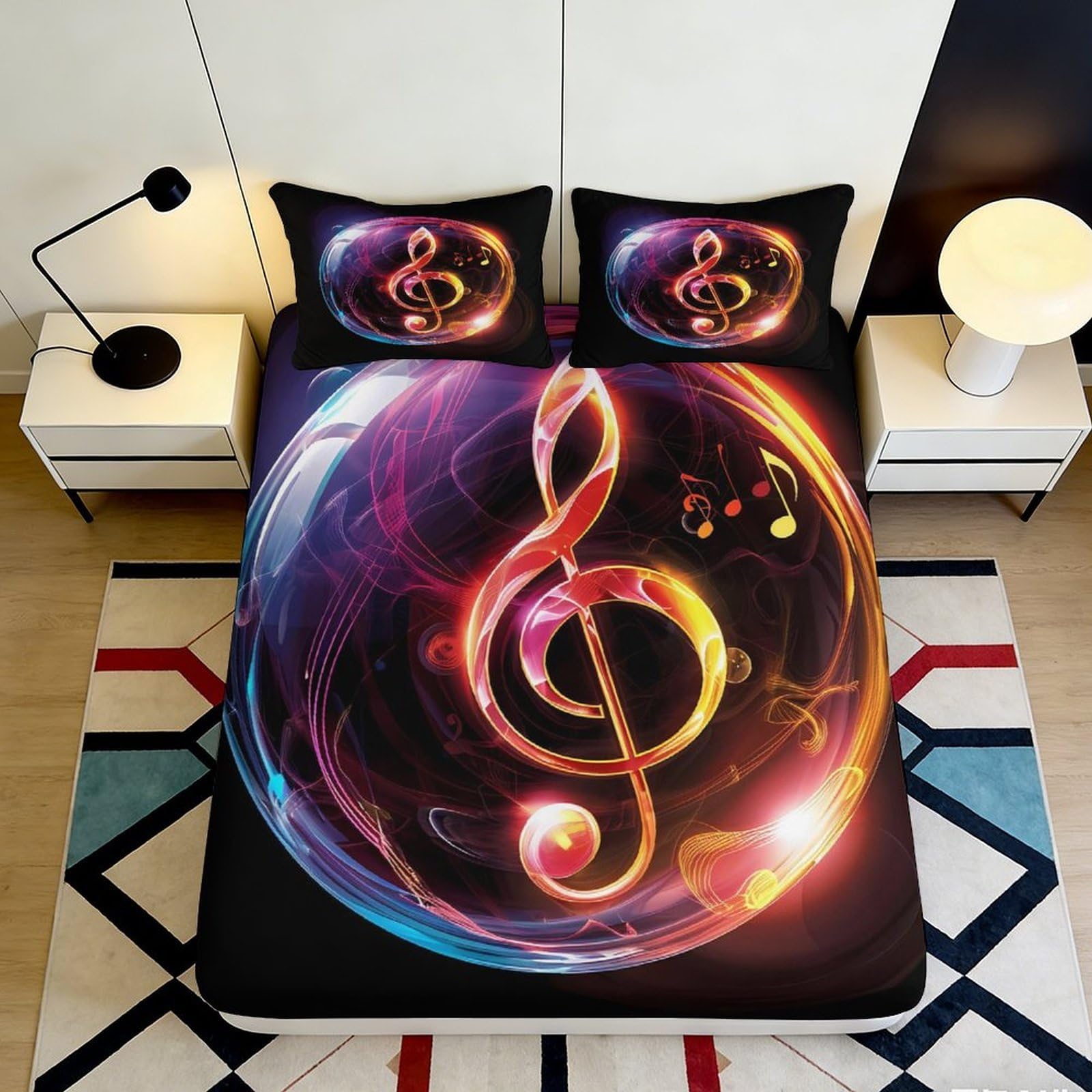 3D Printed Musical Notes Fitted Sheet Microfiber Soft Breathable Colorful Treble Clef Bed Cover for Bedroom Dormitory Guest Room Mattress Protection Decor 200x200x25cm