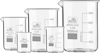 Bello Borosilicate 3.3 Glass Beaker 10 ml, 50 ml, 250 ml, 500 ml, 1000 ml with Graduation Marks, Set of 5 Beakers for school collage chemistry lab laboratory