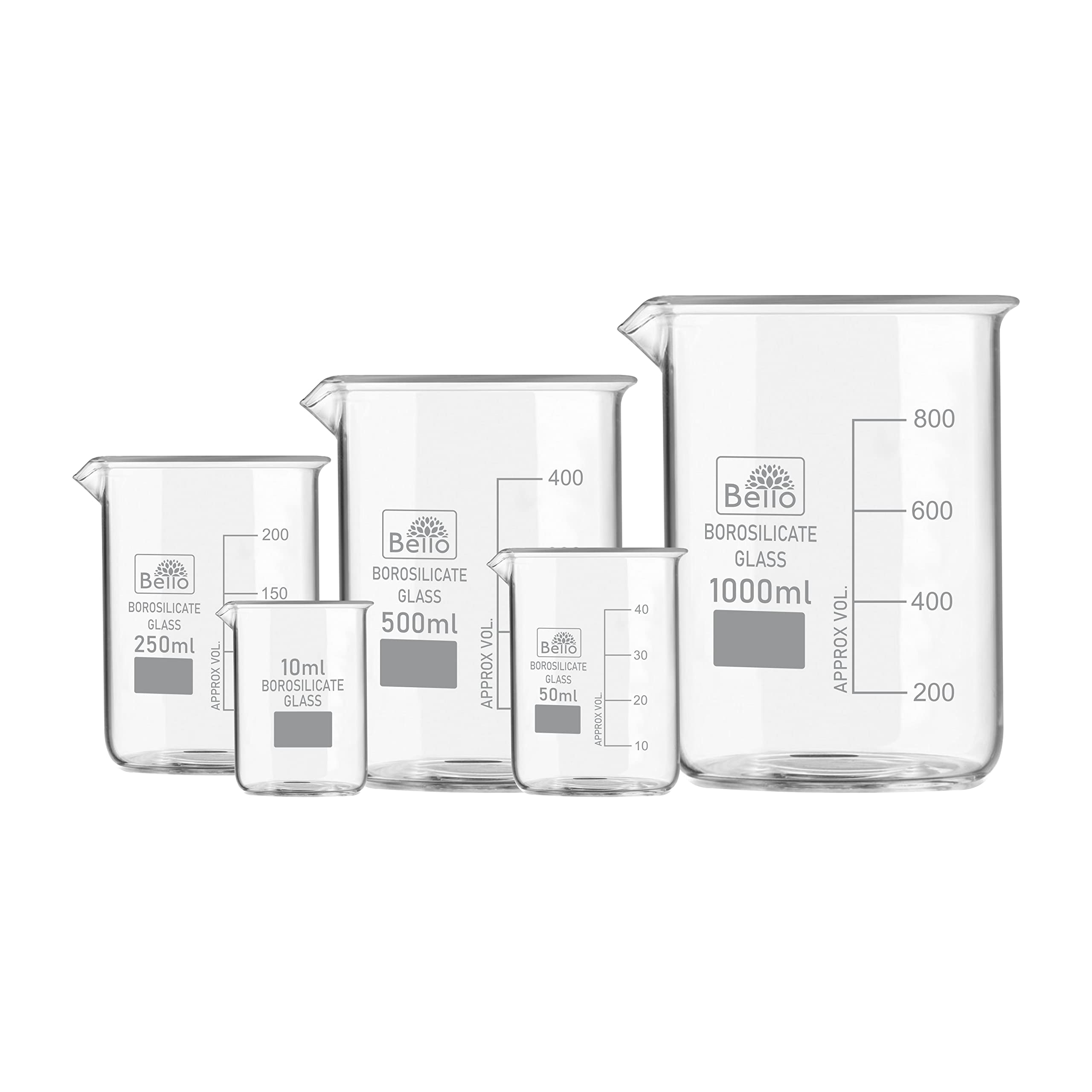 Bello Borosilicate 3.3 Glass Beaker 10 ml, 50 ml, 250 ml, 500 ml, 1000 ml with Graduation Marks, Set of 5 Beakers for school collage chemistry lab laboratory