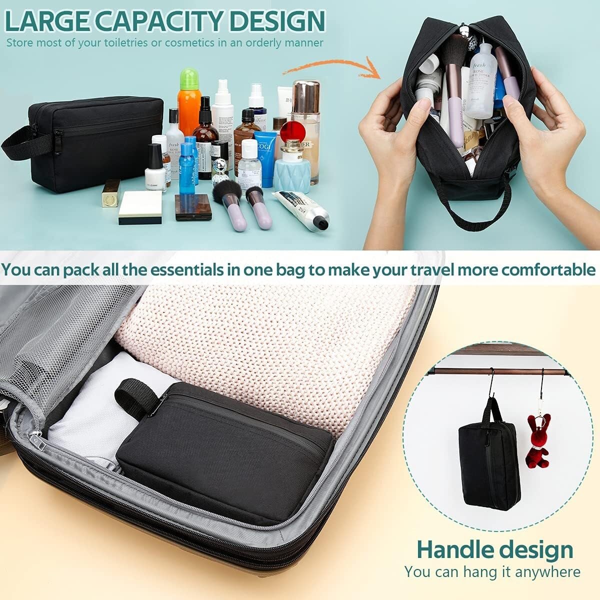 Trousse Maquillage Trousse De Toilette Trousse de Toilette de Voyage étanche, adaptée aux Accessoires de Toilette, Sac de Rangement Pliable Pochette Maquillage Femme(Black)