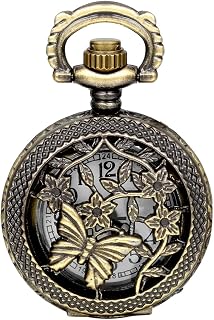 JewelryWe Vintage Butterfly Pocket Watch: Retro Design Bronze Flower Openwork Cover Quartz Pendant Necklace Watches with Chain for Xmas