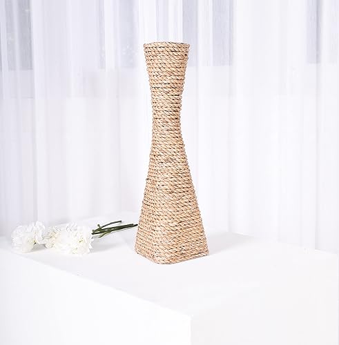 Miniatura 3 de Leewadee Jarrón grande de mimbre Soporte para flores hecho a mano de bambú y basta, sofisticado embudo para ramas decorativas, 16 pulgadas, crudo