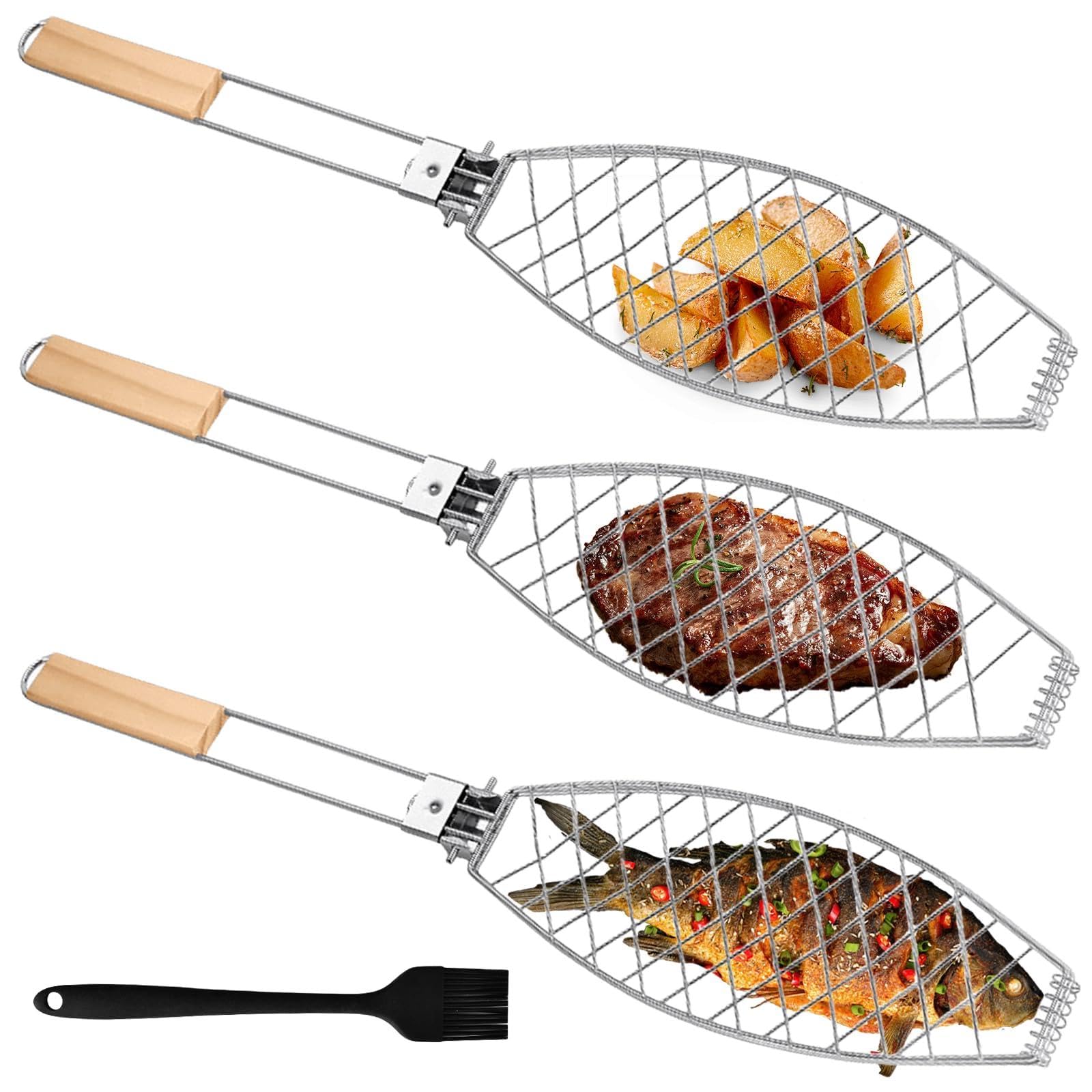 3 soportes para barbacoa de pescado con mango de madera, 63 x 12 cm, asador de pescado grande con mango de metal, pinzas para barbacoa y barbacoa