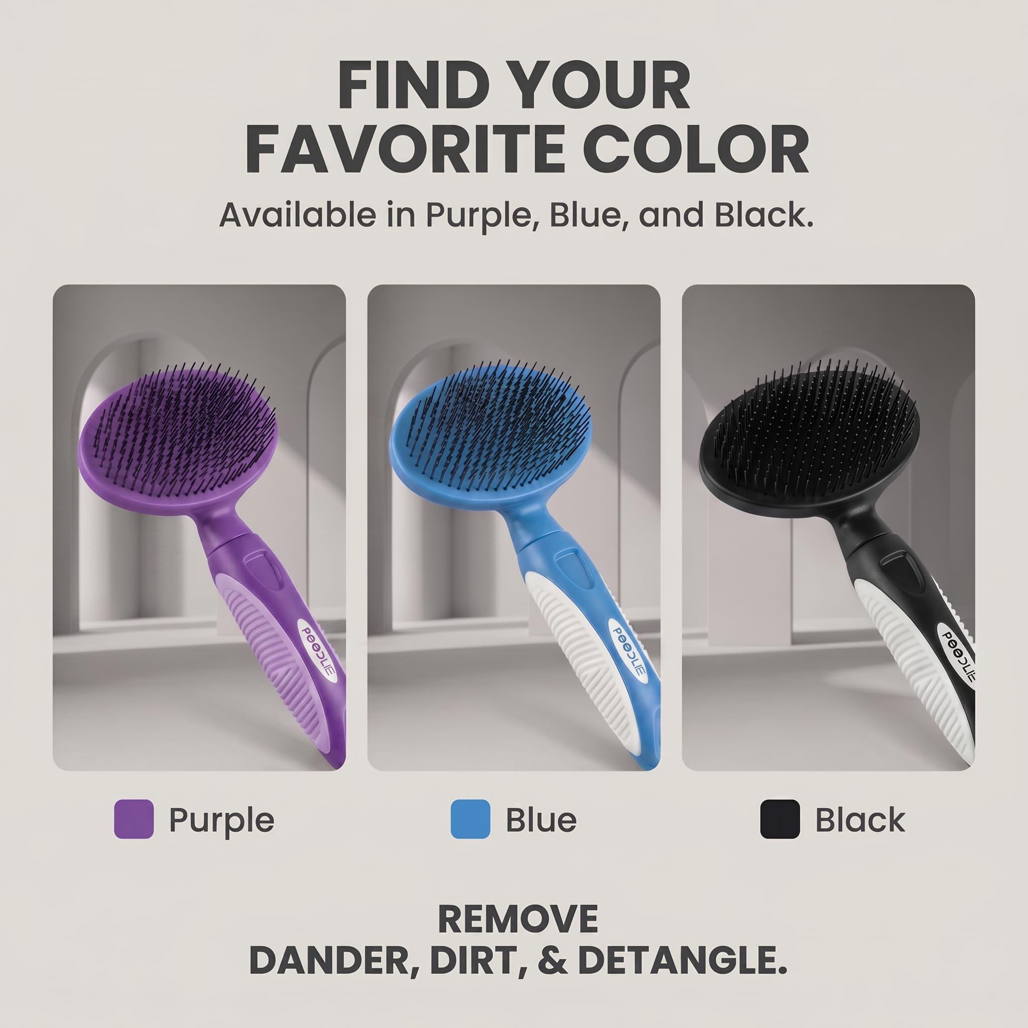 Brosse à poils ronds pour chiens et chats – Brosse douce pour le toilettage des poils courts ou longs – Outil doux pour peaux sensibles Élimine les squames, la saleté et démêle (noir)